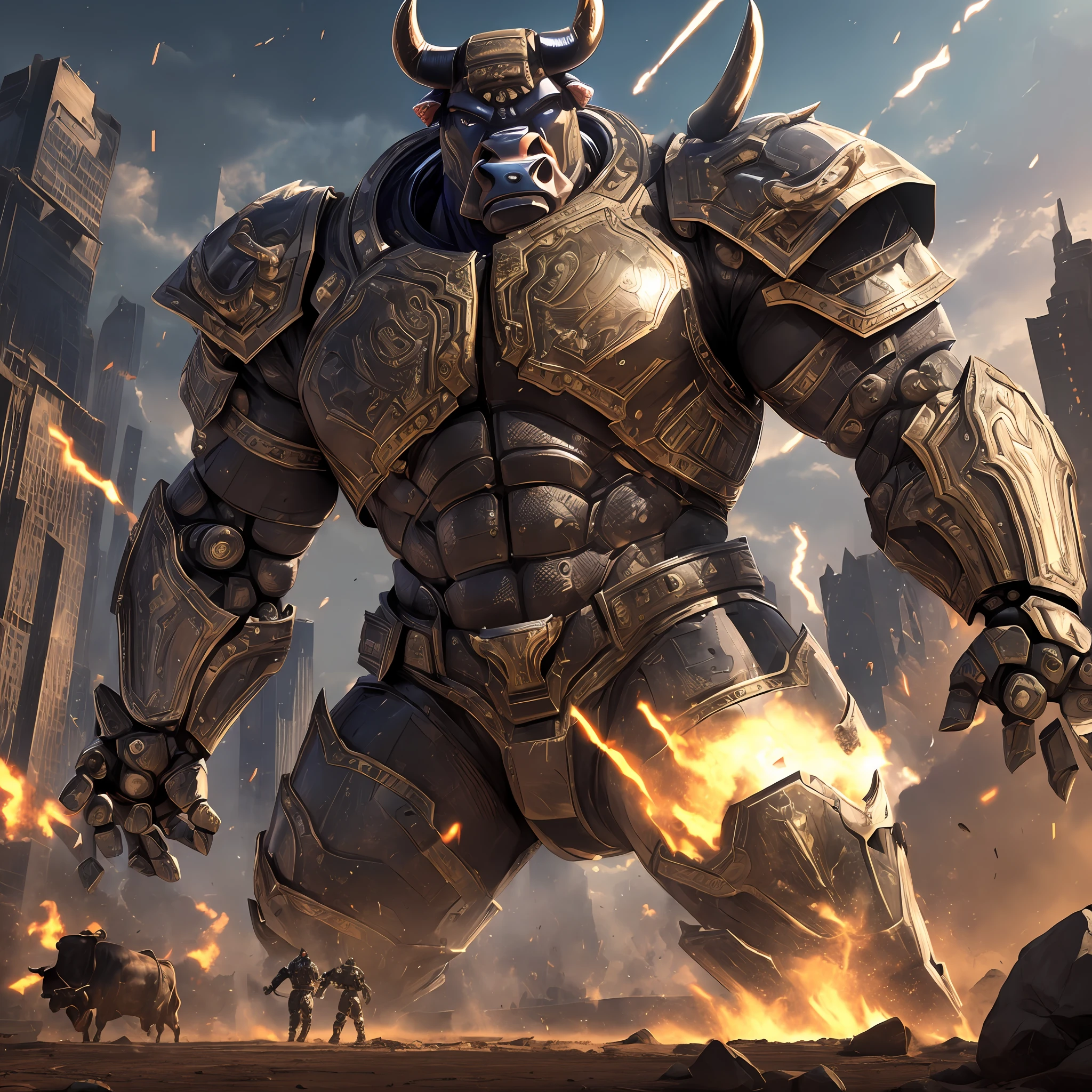 (humanoid bull:1.5),battle armor,gigantic,imposing,combat,impactful,monumental,close-up,detailed,(intense lighting:1.3),(deep shadows:1.3),dynamic camera shots. --auto --s2