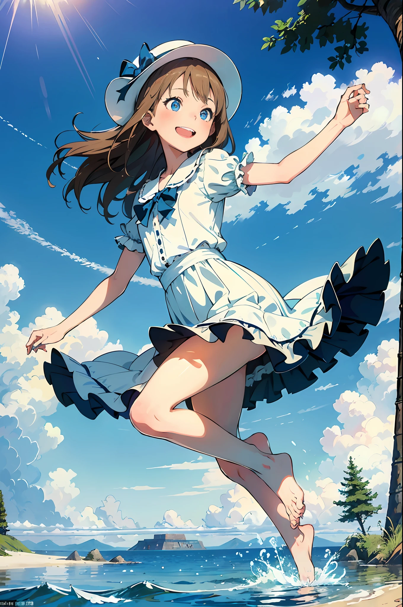 (Masterpiece), (Illustration), (Best Quality: 1.3), (Absurd photo of a slim cheerful girl frolicking at the water's edge, Kicking up the water:1.3), Full body, crystal clear, (Long light brown hair: 1.3), Wet hair, (Wet see-through white dress: 1.3), Striped bows, knee-length pleated skirts, ruffled blouses, long petticoats, accessories, bare feet, ( Highly detailed smart and kind face, detailed blue eyes, relaxed laughter: 1.3), playing happily, happy, (dynamic angle), high resolution, F1.4, glowing water surface, hat, clouds, sun, contrails, sunlight through trees, summer vacation, rays,