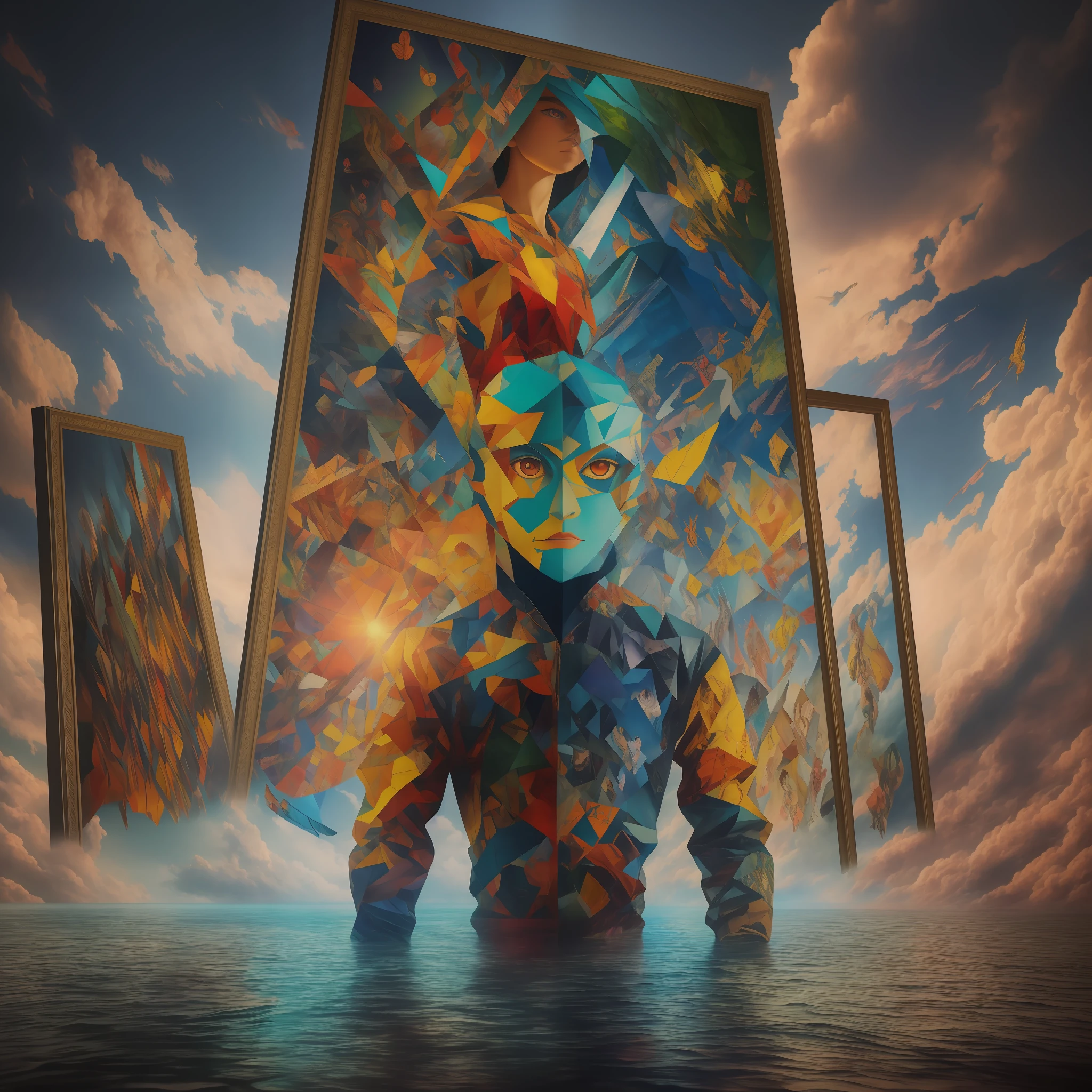realistic collage anime-painting-photo-film surrealist collage inspired by the works of Raphael,a surrealist composition illustrating modern hell, there are holographic reflections in the background, impression of an image in which the viewer can dive, 8K reflections,kinematic filter, borderless collage