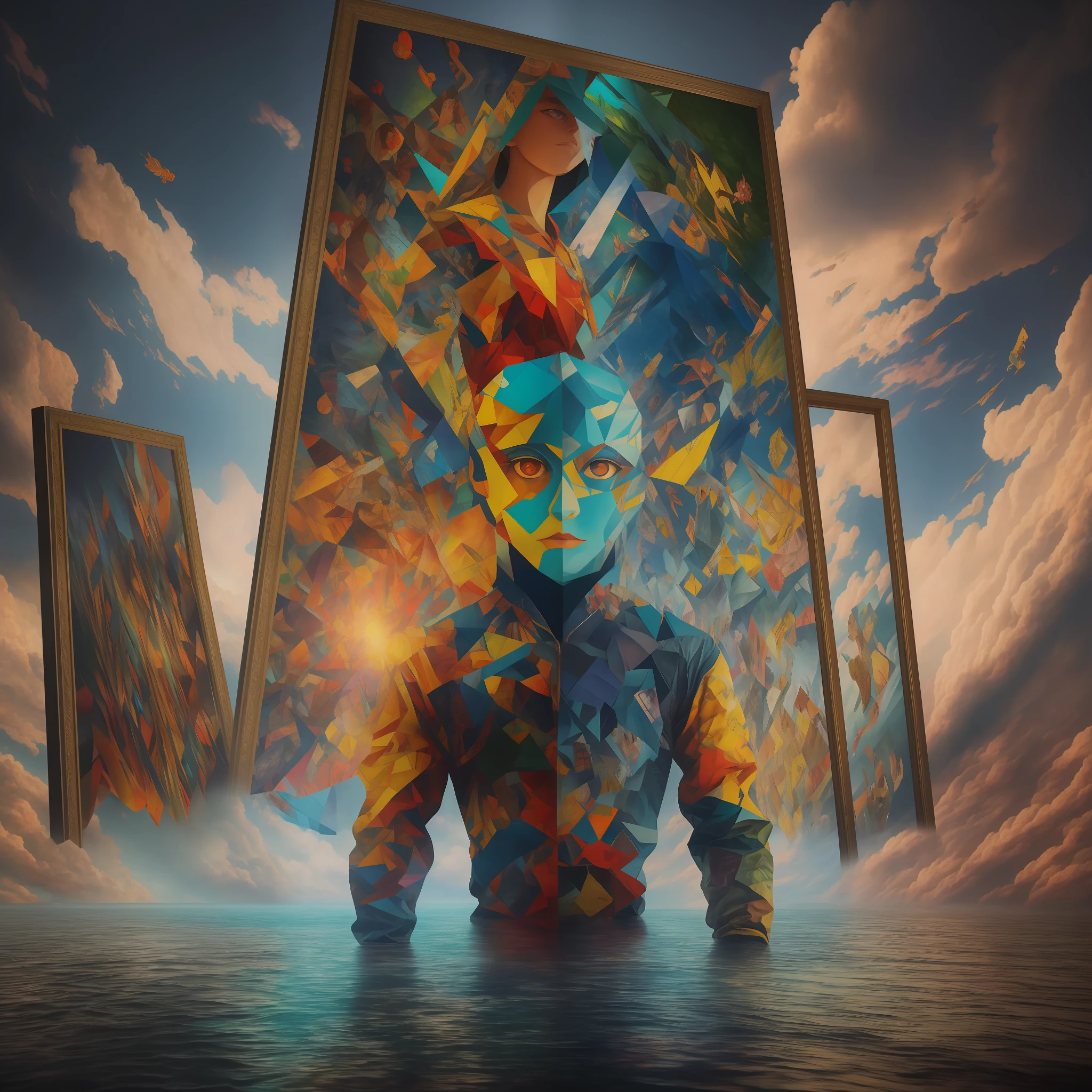 realistic collage anime-painting-photo-film surrealist collage inspired by the works of Raphael,a surrealist composition illustrating modern hell, there are holographic reflections in the background, impression of an image in which the viewer can dive, 8K reflections,kinematic filter, borderless collage
