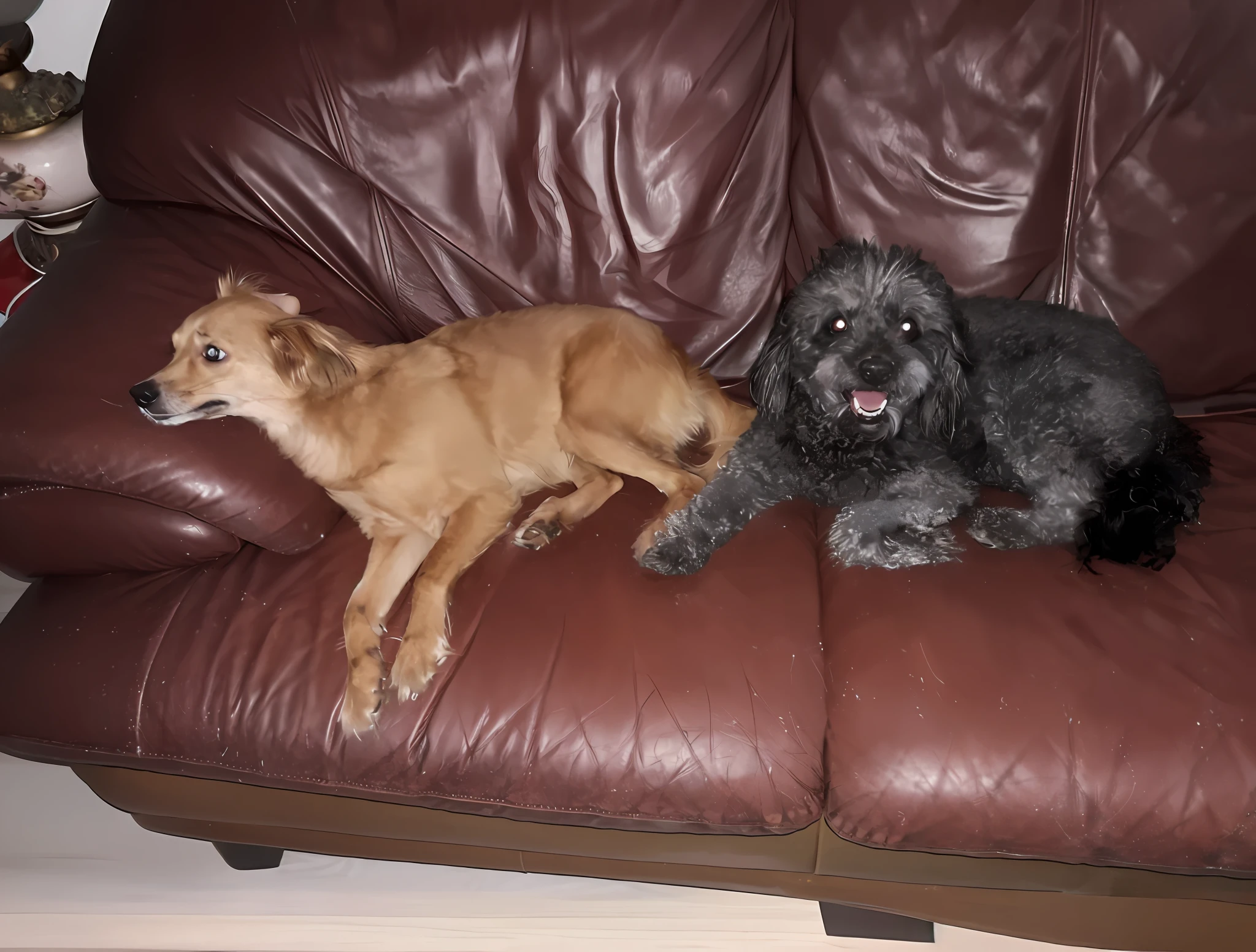 there are two dogs sitting on a couch together on the couch, two dogs, bowater charlie and brom gerald, sitting on the sofa, dogs, two buddies sitting in a room, sitting on the couch, at the sitting couch, red puppils, 📷 mungojerrie and rumpleteazer, both smiling for the camera, dusty and smokey