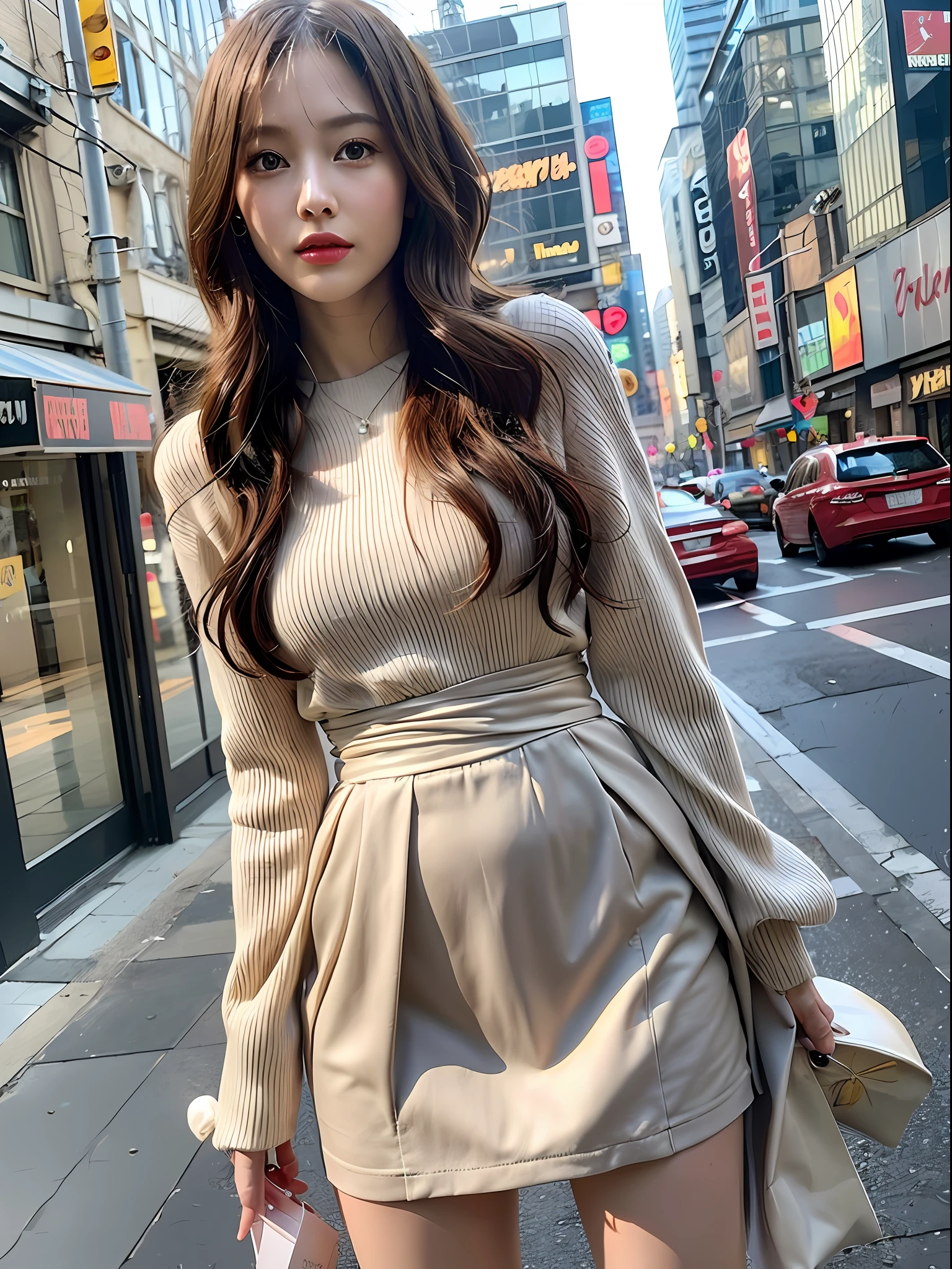 In this project, we envision shooting in the light from morning to noon in a studio inspired by the cityscape of New York. Create highly elaborate CG Unity 8K wallpapers modeled after a beautiful-looking 30-something actress with a realistic, lifelike and ultra-detailed finish with a hairstyle and fashion style that matches the trends of 2023. The model is slender, cute, and mature. Her features are a straight bob style that matches the trends of 2023, with light brown hair and a thin, small face. Shooting takes place in the light from morning to daytime, so take advantage of the natural brightness and shading. The skin quality of the model is delicate, and you should pay attention to the fine details and softness of the hair. Studio sets should be inspired by the cityscape of New York City and reflect urban elements. Camera angles should be from the waist up. The model's hair color is honey-blonde, and her skin tone is a natural beige tone. Makeup should focus on bright lips and eye-catching mascara, and have a natural and light styling. Match the trends of 2023 and choose a sleek-style dress or urban fashion item. The final image should be shot in a studio reminiscent of the New York cityscape, shot in the light from morning to day, and try to convey a light and urban atmosphere.