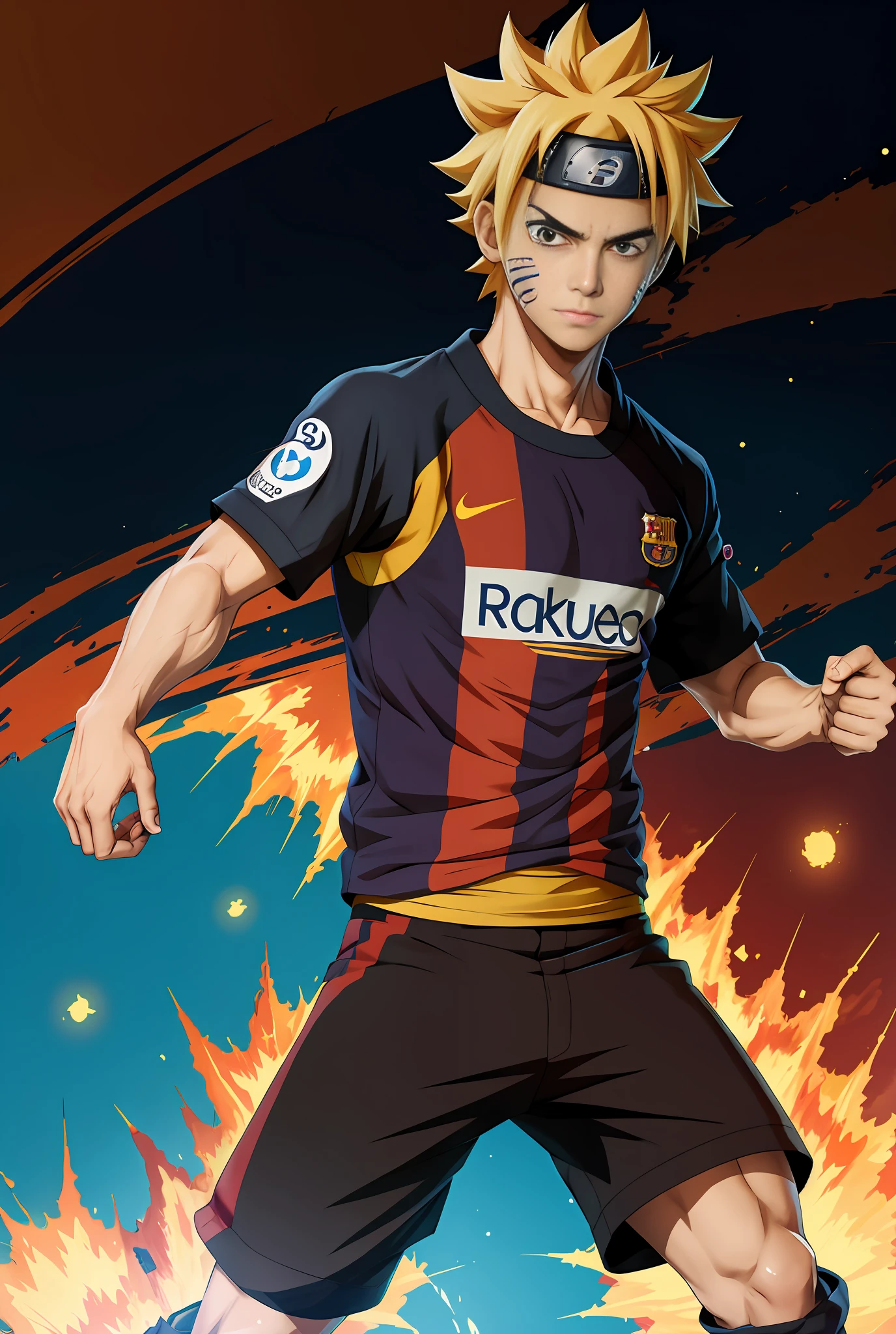 Arafed image of a boy with a Barcelona shirt, naruto artstyle, anime, anime, anime, naruto uzumaki, anime style