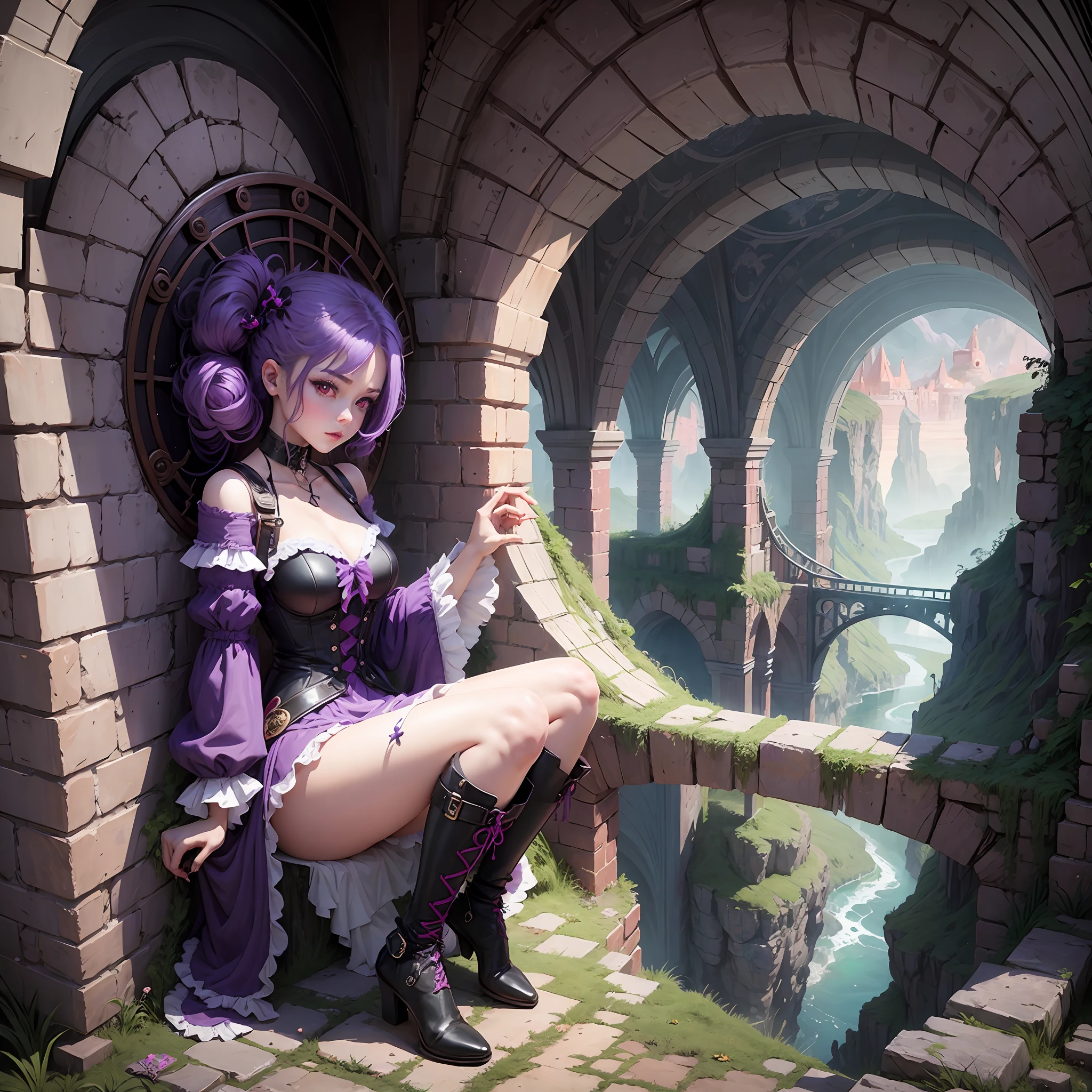 Girl in world of fantsia, purple hair, red eyes, with a magnificent landscape --auto --s2
