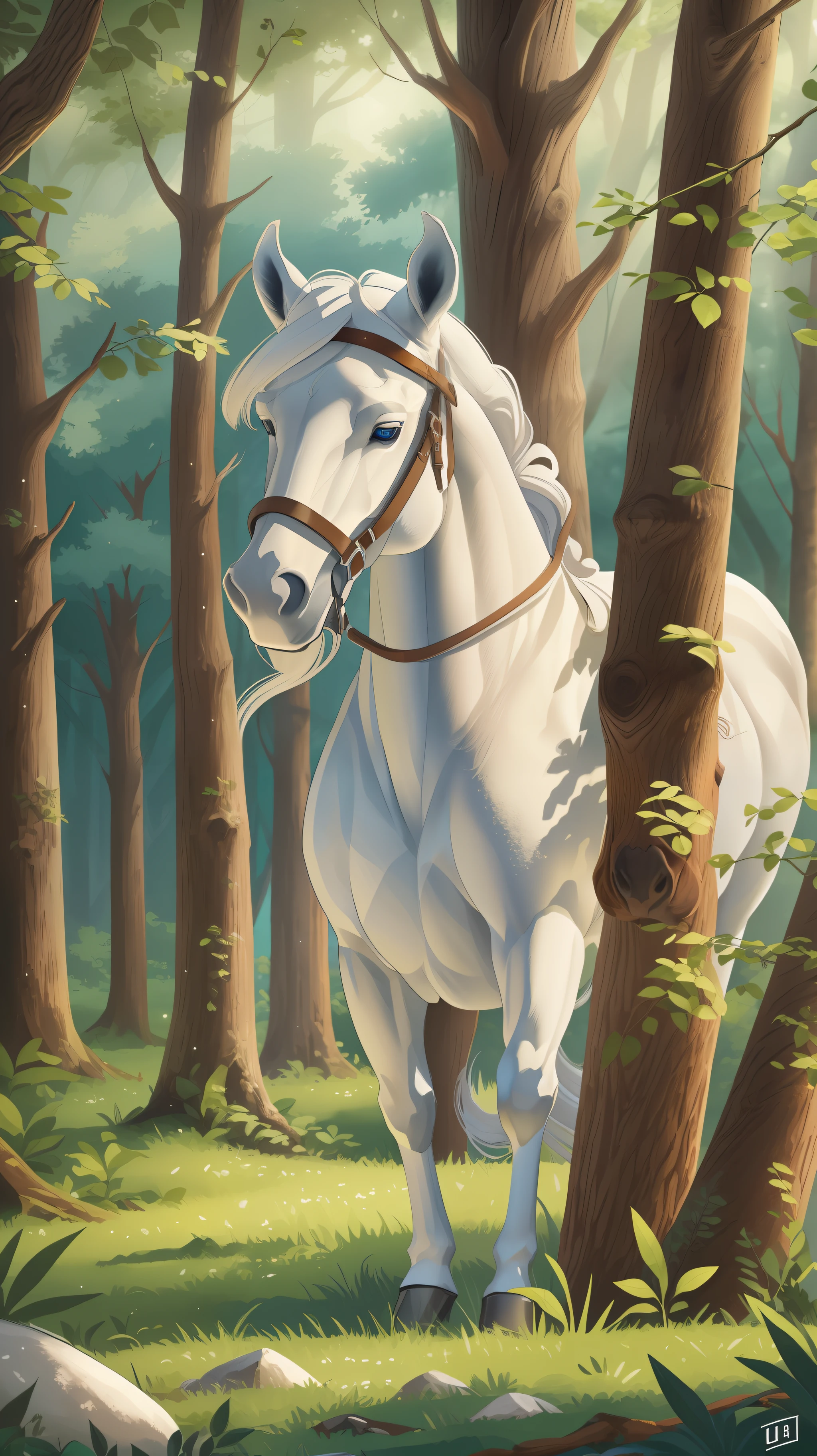Majestic horse of white color. strong, elegant, white mane. Harmonious forest. Harmonious grove, large scale, (open image) large image aperture.. ((high image quality, ultra HD, 4K superior rendering, sharp strokes)). "Blue eyes, super sharp."