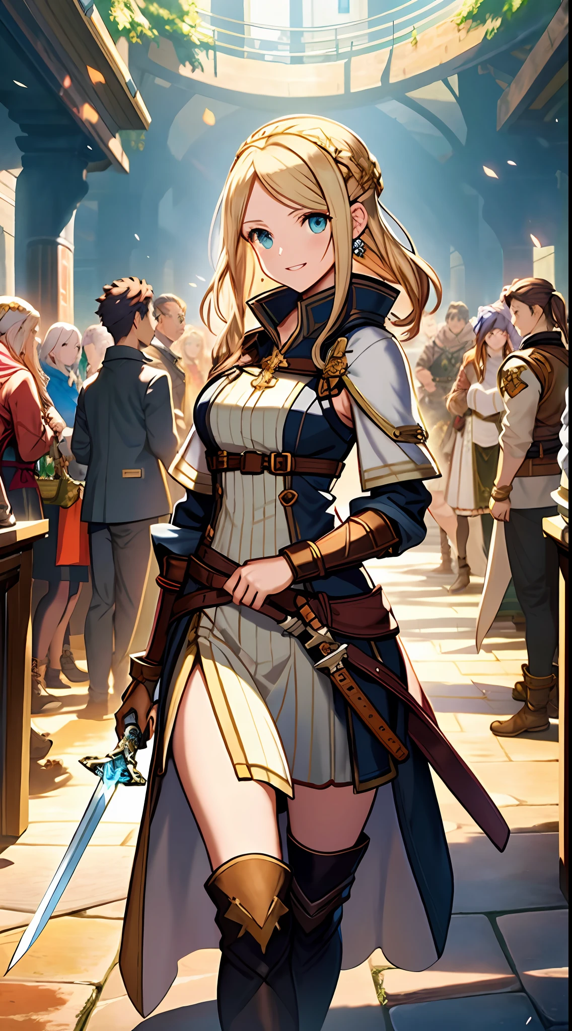 a woman with a sword standing in front of a group of people, octopath voyager, official character illustration, pretty female cleric, official character art, female cleric, full art illustration, octopath traveller style, high detailed official artwork, octopath traveler, official art, edelgard fire emblem, isekai manga panel, full art, shadowverse character concept