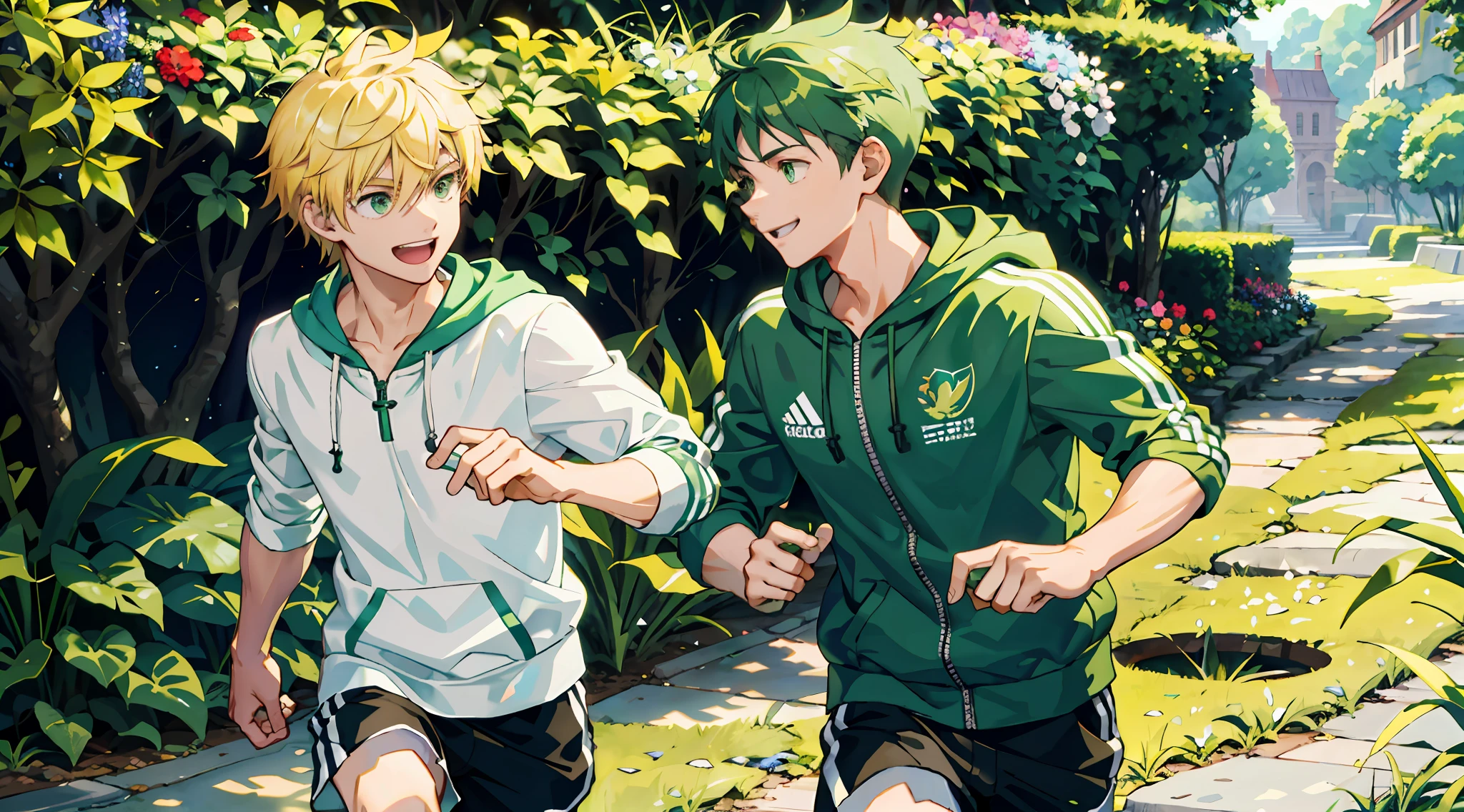 Top quality, (two men running together), young adult, tone, handsome, from the side, (a boy with very short blonde and red-eyed spiked hair and a boy with green eyes and green medium-length hair are running), intricate details, casual clothes, oversized hood, shorts, running shoes, intricate patterns, best light and shadow, park background, running, dappled day, depth of field, plants, summer, colorful, artistic, depth of field, smile, close mouth
