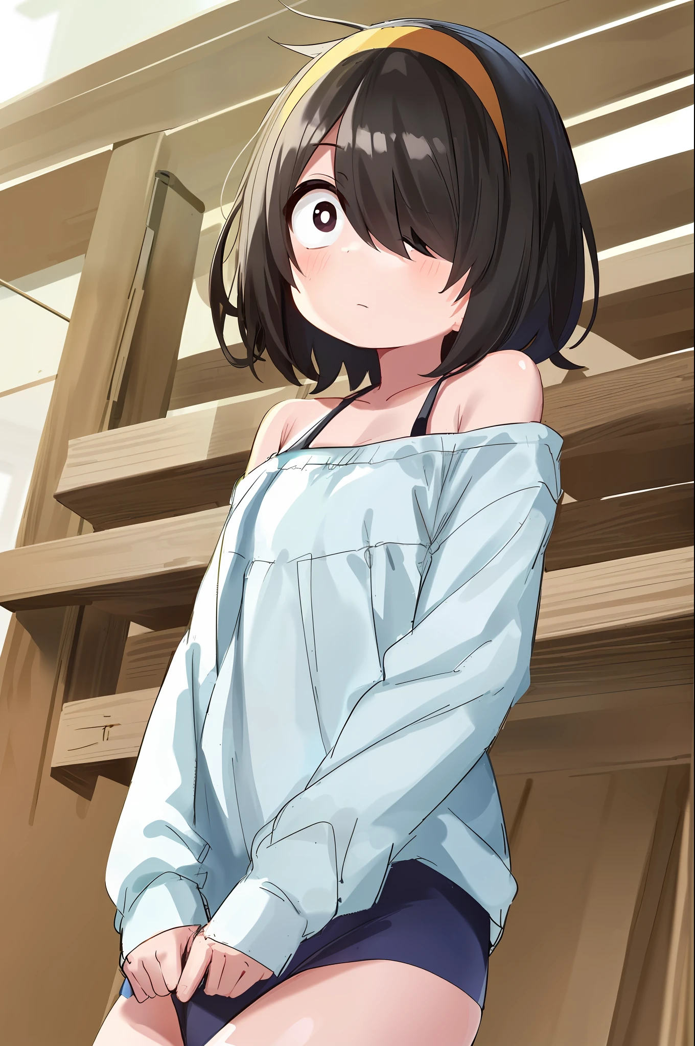 1girl, solo, nishimuraakane, bright pupils, small body, hair over one eye, white pupils, yellow hairband, black eyes,