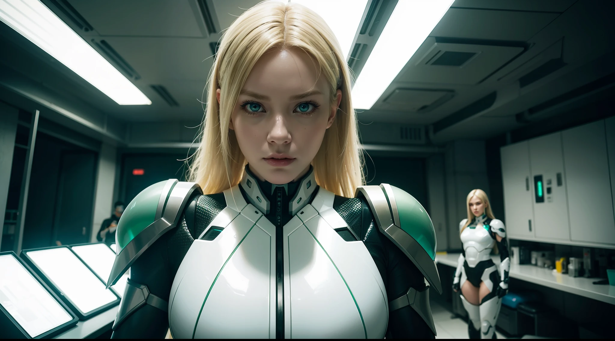 Environmental wide angle shot of cyborg in neat and clean room, action shot, cyberpunk costumes, cracked porcelain skin, blonde woman with chunky body, green eyes, closeup, vibrant, photorealistic, realistic, dramatic, dark, sharp focus , 8k