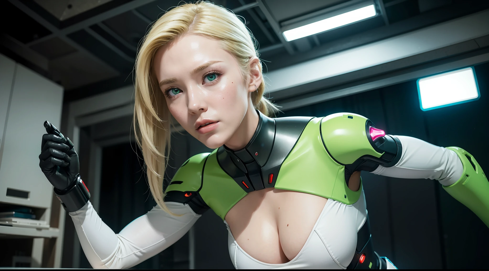 Environmental wide angle shot of cyborg in neat and clean room, action shot, cyberpunk costumes, cracked porcelain skin, blonde woman with chunky body, green eyes, closeup, vibrant, photorealistic, realistic, dramatic, dark, sharp focus , 8k