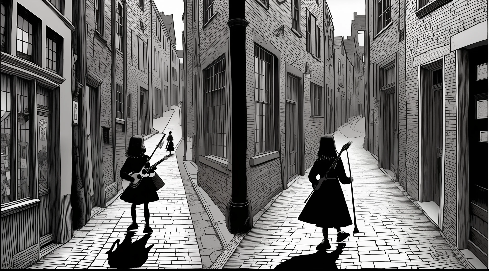 A girl carrying a guitar, walking through dark streets, by Gary Larson, monochrome, black and white