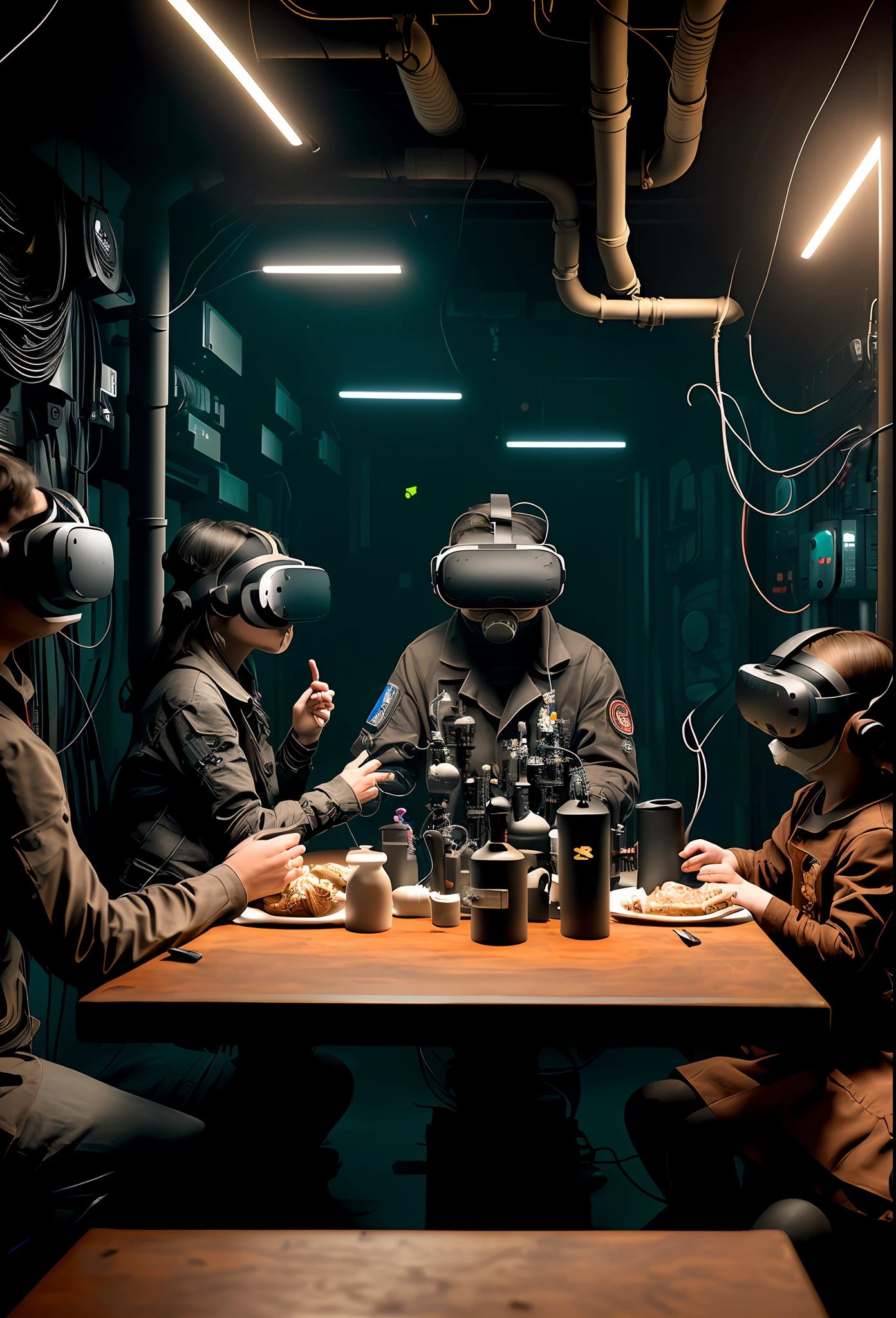 ((best quality)), ((masterpiece)), ((ultra realistic)), ((dark noir style)),  night time, (dark:1.3),( neon lighting:1.3), beautiful intricately detailed soft oil painting  of a of a family that are totally merged with machines, (wiring entering through the skin:1.3), (computing devices, vr masks, respirator tubes, augmented humanity, tube pipes and wires everywhere, sitting at the dinner table:1.7), dark dingy metallic, (unconscious people on life support, father, mother, daughter, son:1.4), robotic, cyborg, (rusted:1.3), darkness, professional, 8k, uhd, harsh edge lighting, depth of field, film grain, smooth, roughness, real life, , photographed on a Canon EOS R5, 50mm lens, F/2.8, HDR, professional, deep shadows,