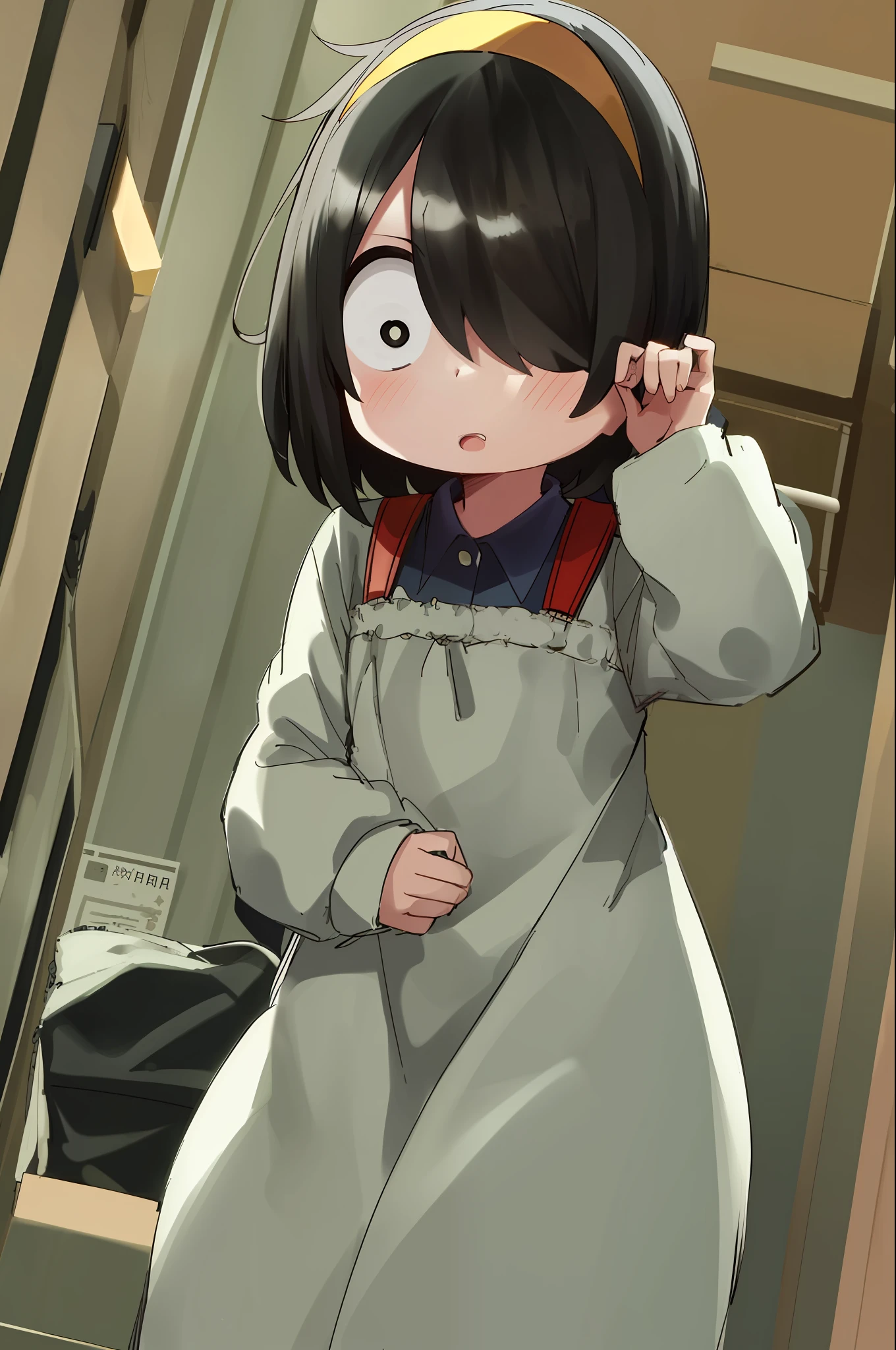1girl, solo, nishimuraakane, bright pupils, small body, hair over one eye, white pupils, yellow hairband, black eyes,