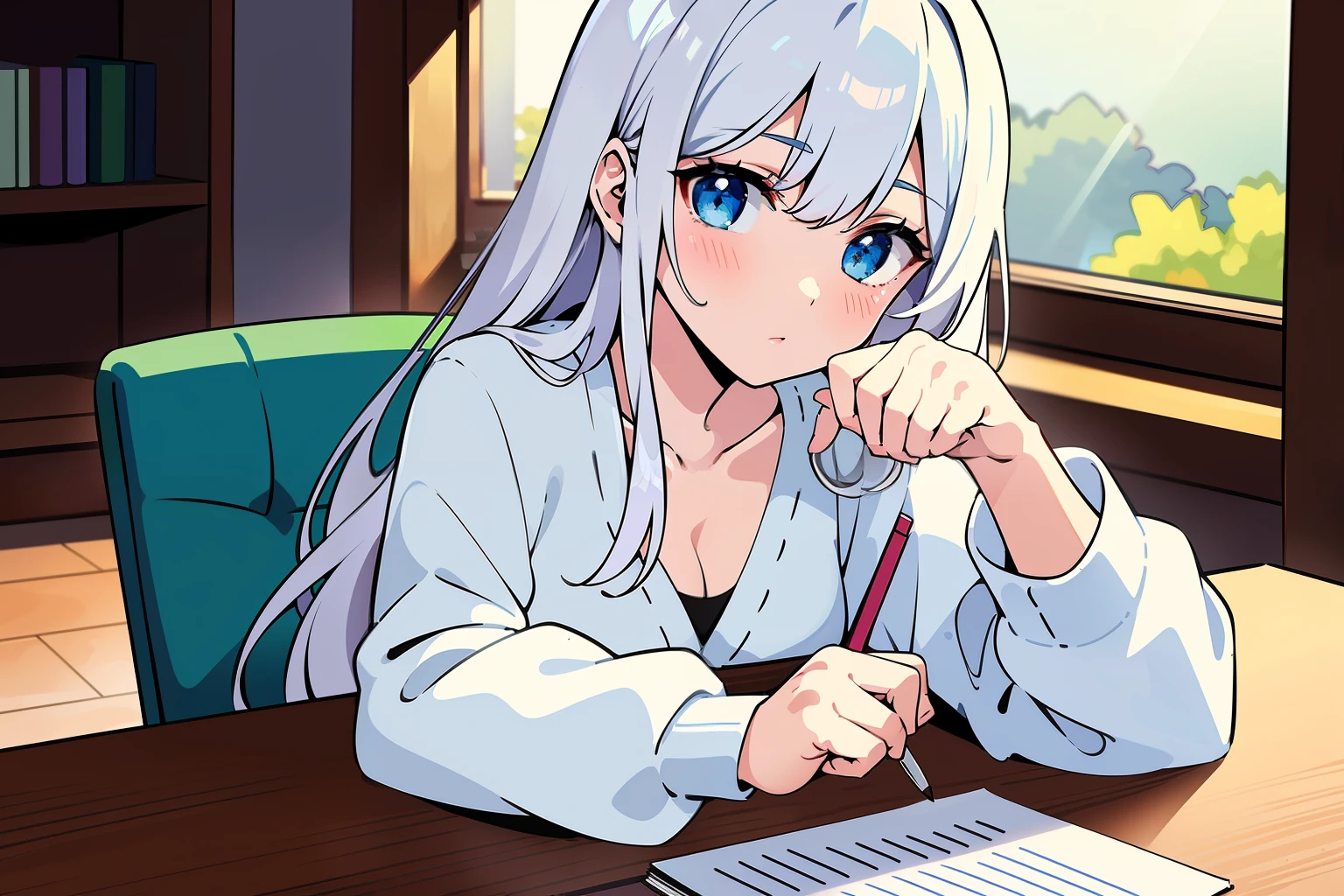 (masterpiece, best quality:1.3), ultra-detailed, ((an extremely delicious and beautiful)), (fine detailed beautiful face and eyes:1.2), cinematic lighting, overexposure, (1girl, solo), White hair, blue eyes, curly hair, long hair, slim, small breasts, (black cardigan: 1.1), white shirt, white skirt, expressionless, interior, (café: 1.3), (coffee cup on the table, pencil paper on the table), depth field, pink bow