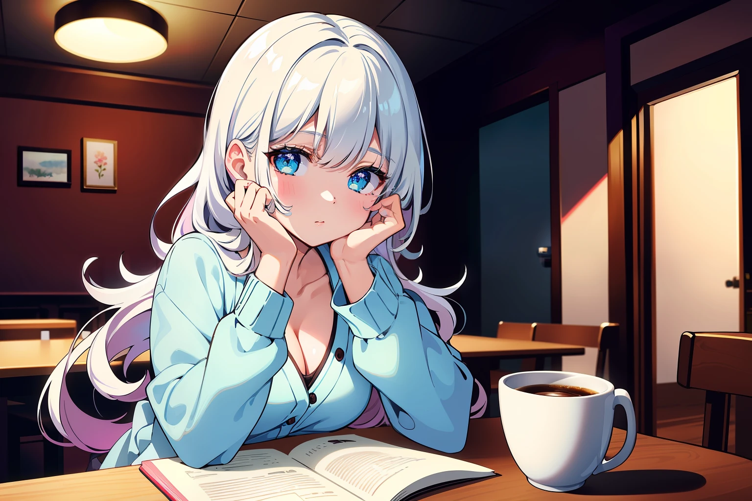 (masterpiece, best quality:1.3), ultra-detailed, ((an extremely delicious and beautiful)), (fine detailed beautiful face and eyes:1.2), cinematic lighting, overexposure, (1girl, solo), White hair, blue eyes, curly hair, long hair, slim, small breasts, (black cardigan: 1.1), white shirt, white skirt, expressionless, interior, (café: 1.3), (coffee cup on the table, pencil paper on the table), depth field, pink bow