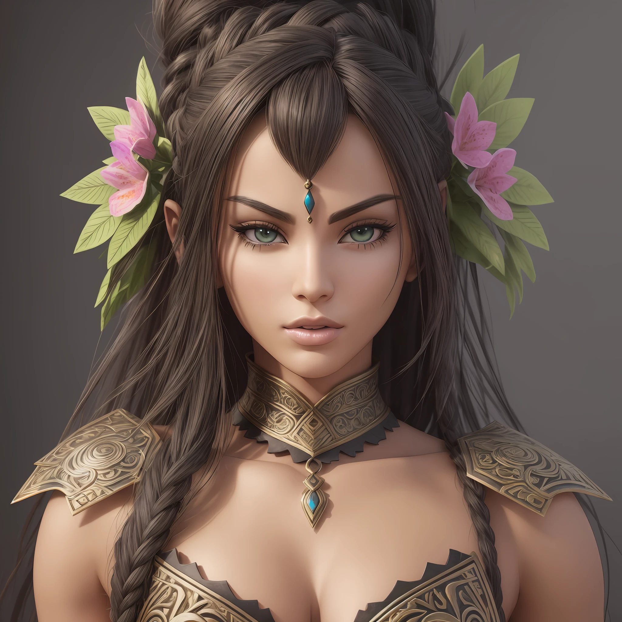 Warrior, half plant, half woman, female, beautiful, sensual, high definition, drawing, 3d, super detailed, black, barbie animation style. --auto --s2