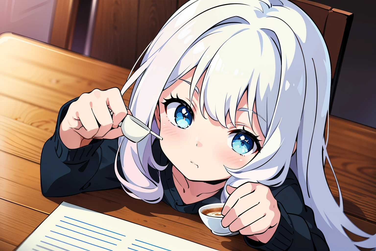 (masterpiece, best quality:1.3), ultra-detailed, ((an extremely delicious and beautiful)), (fine detailed beautiful face and eyes:1.2), cinematic lighting, overexposure, (1girl, solo), White hair, blue eyes, curly hair, long hair, slim, small breasts, (black cardigan: 1.1), white shirt, white skirt, expressionless, interior, (café: 1.3), (coffee cup on the table, pencil paper on the table), depth field, pink bow