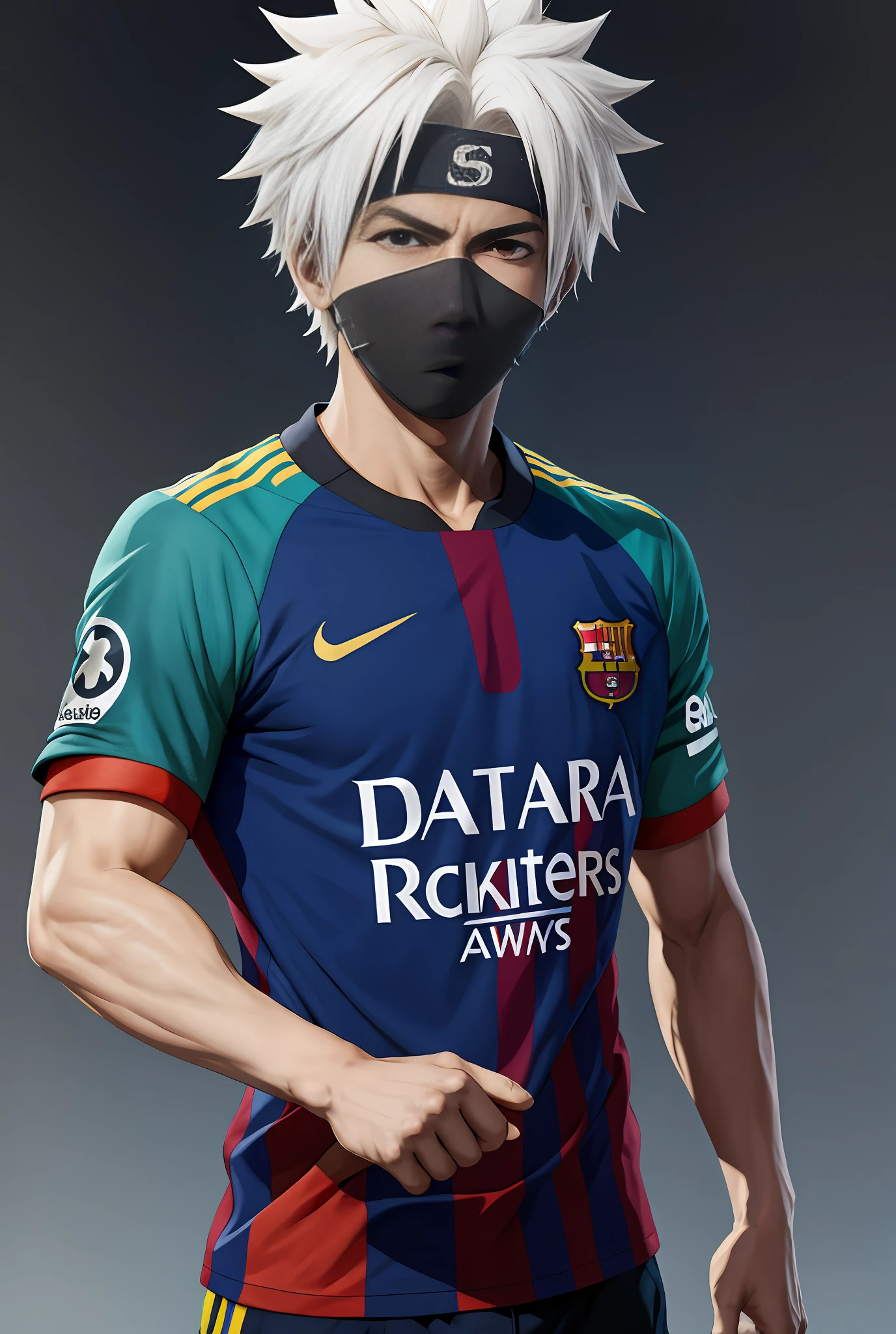 Arafed image of a boy with a Barcelona shirt, Kakashi artstyle, anime, anime, anime, kakashi, anime style