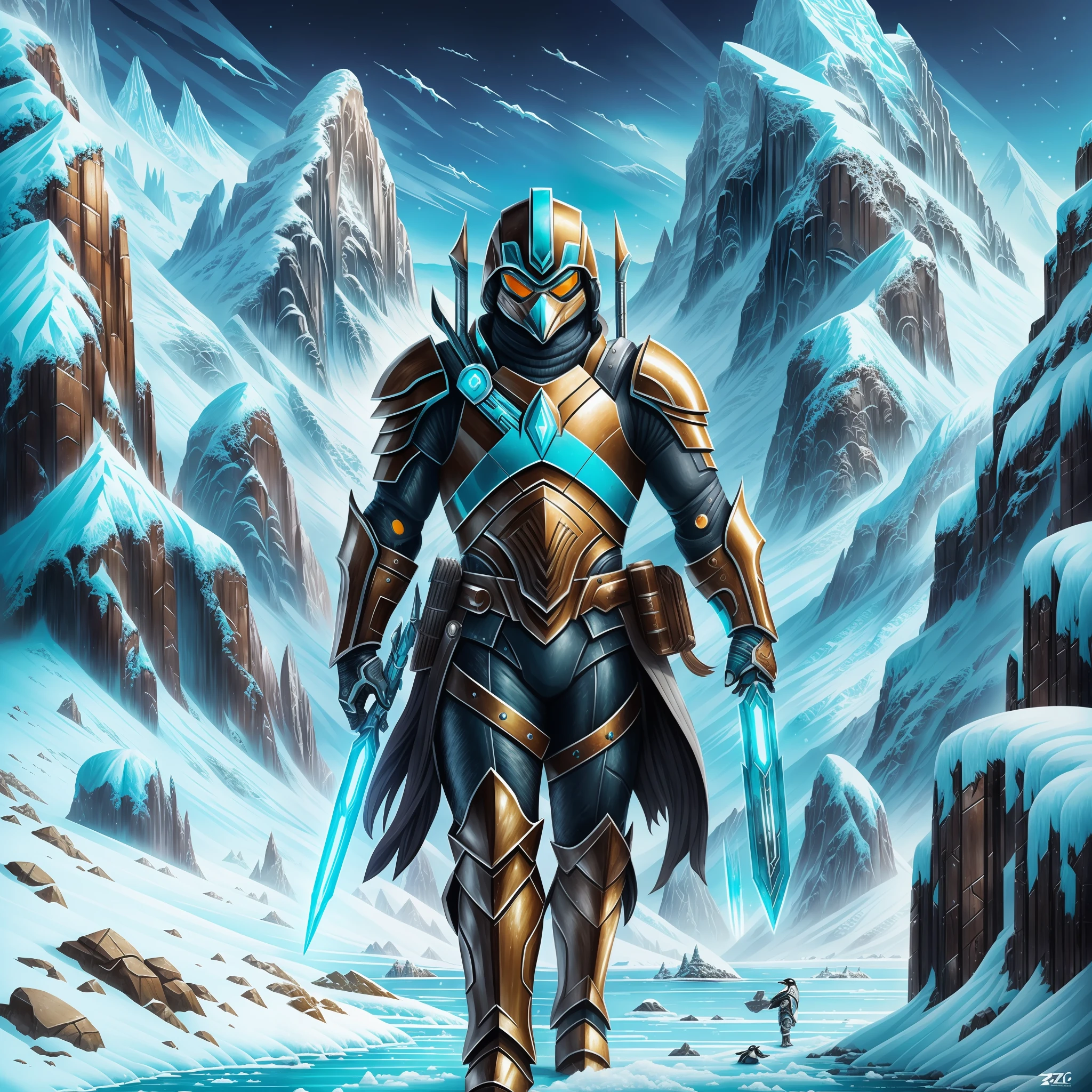 ((masterpiece)), best quality, ultra-detailed, exceptional illustration of a powerful humanoid penguin wearing an epic and modern armor, equipped with futuristic weapons, walking through extraordinary landscapes in the midst of snowstorms and majestic mountains under a dazzling turquoise sky. --auto --s2