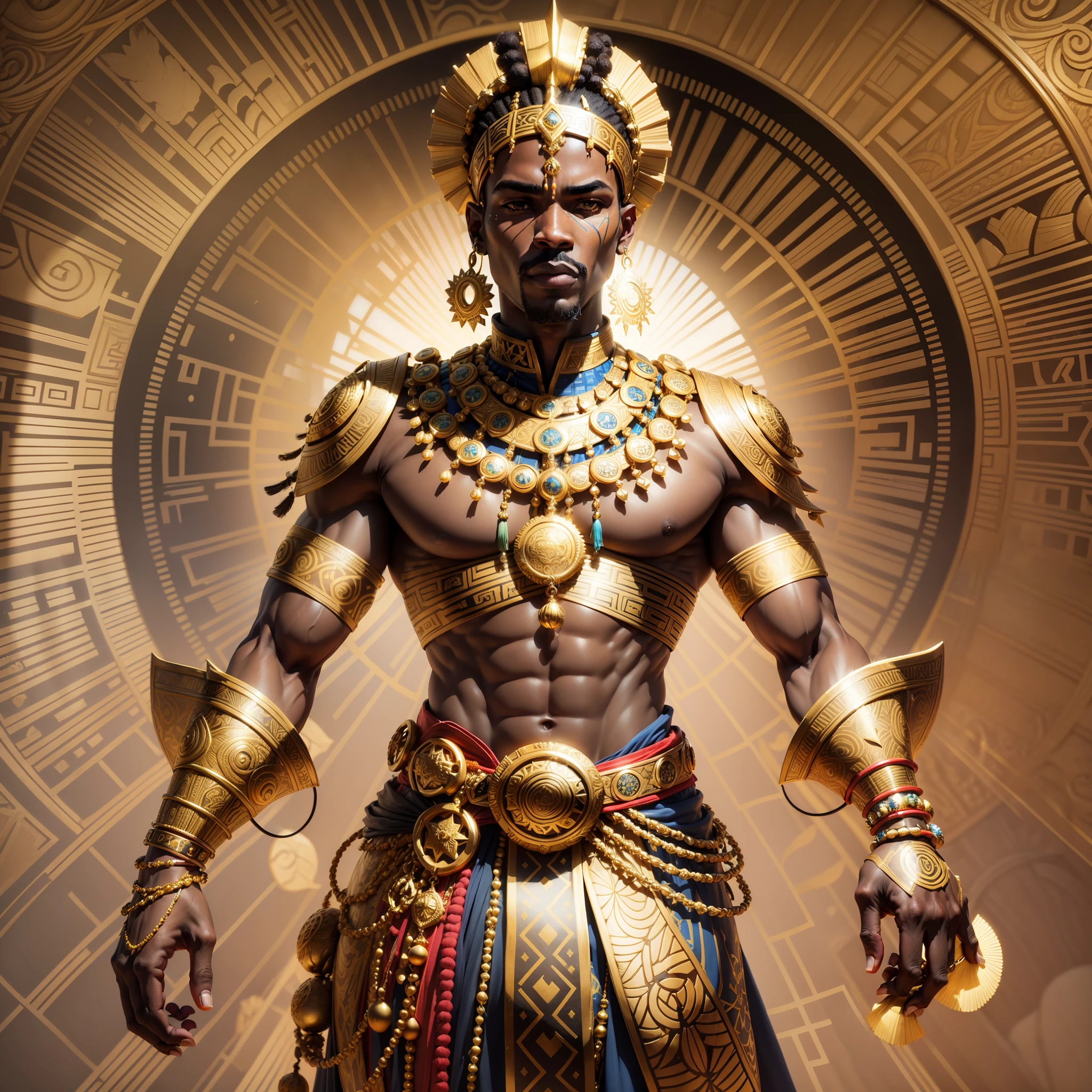 African orishas, Xango, ornate with gold, UHD, Yellow rays around character, male, male, ultra detailed, all ornaments, set in africa, 3D --auto --s2