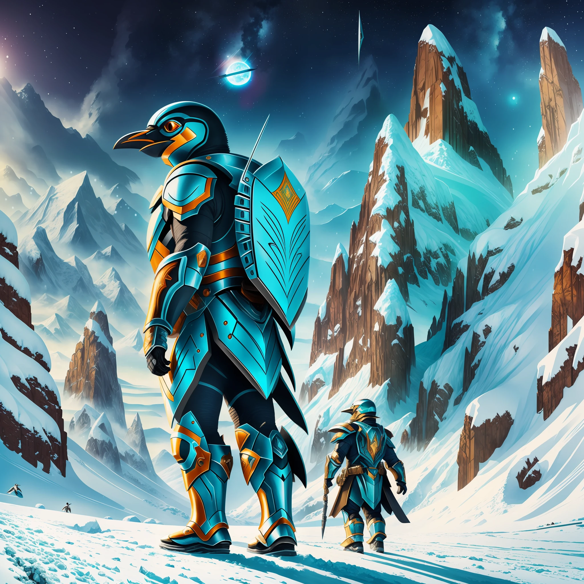 ((masterpiece)), best quality, ultra-detailed, exceptional illustration of a powerful humanoid penguin wearing an epic and modern armor, equipped with futuristic weapons, walking through extraordinary landscapes in the midst of snowstorms and majestic mountains under a dazzling turquoise sky. --auto --s2