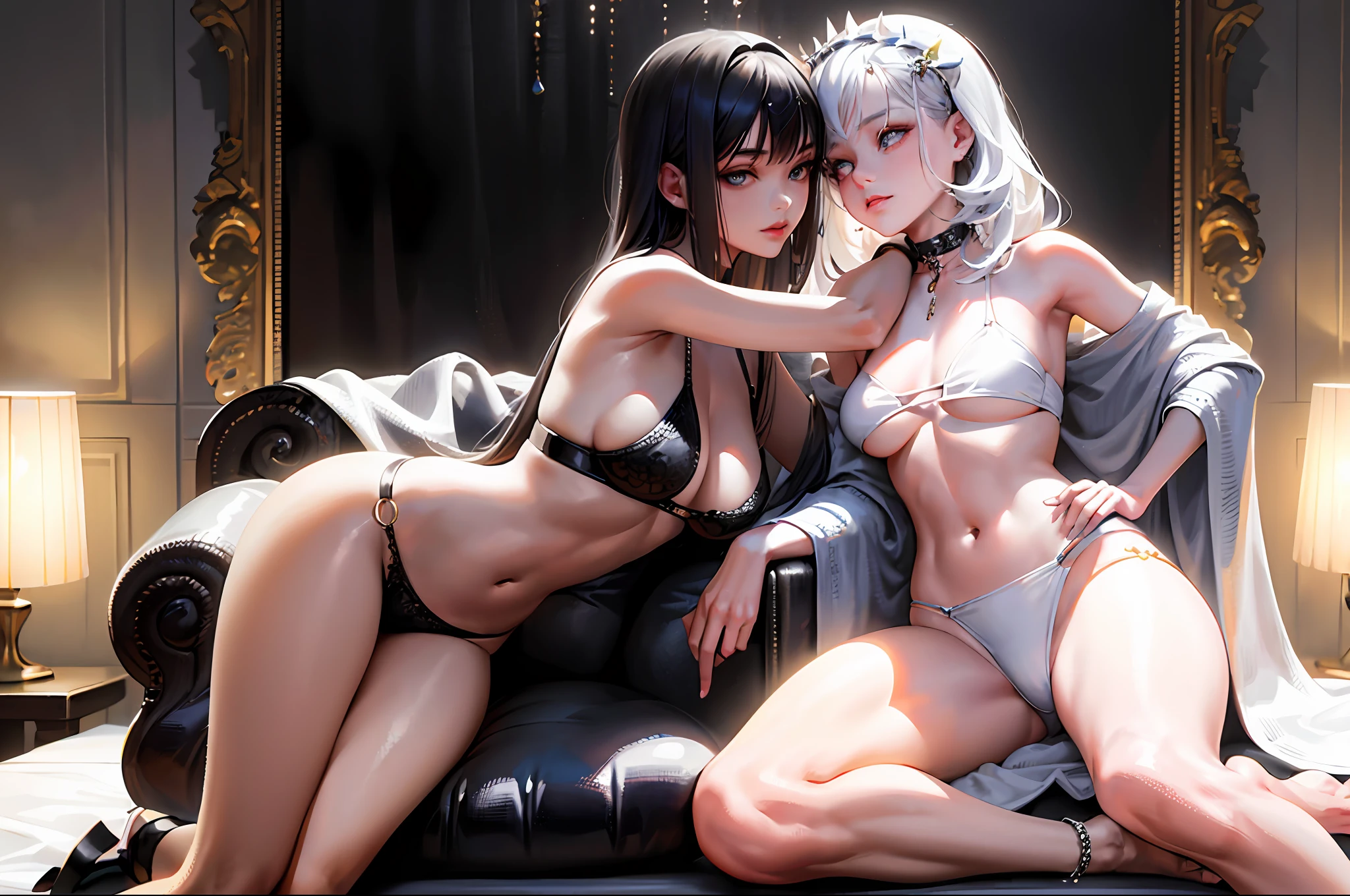 (masterpiece, sidelighting, finely detailed beautiful eyes: 1.2), realistic, 3d face, lustrous skin, underboob, thigh gap, choker, chain, lip biting, kissing forehead, 2girls