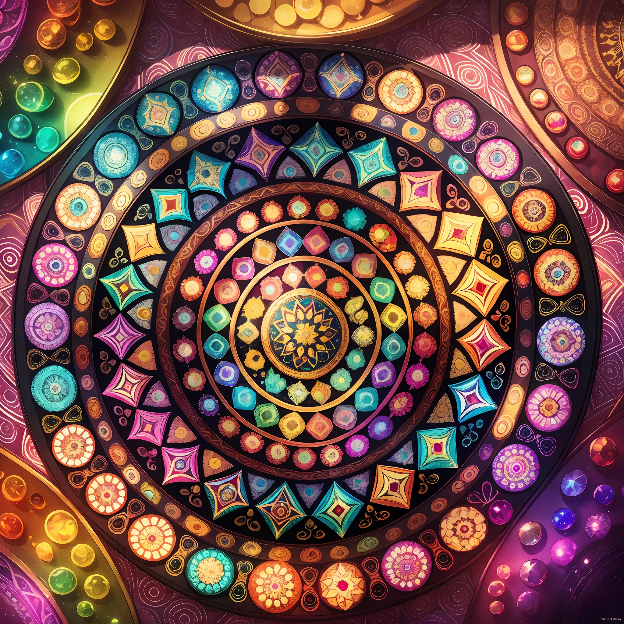 A Mandala of the precious stones in its composition of each element with psychedelic lights, in layers of different bright colors, in round shapes, with diamond elements --auto --s2