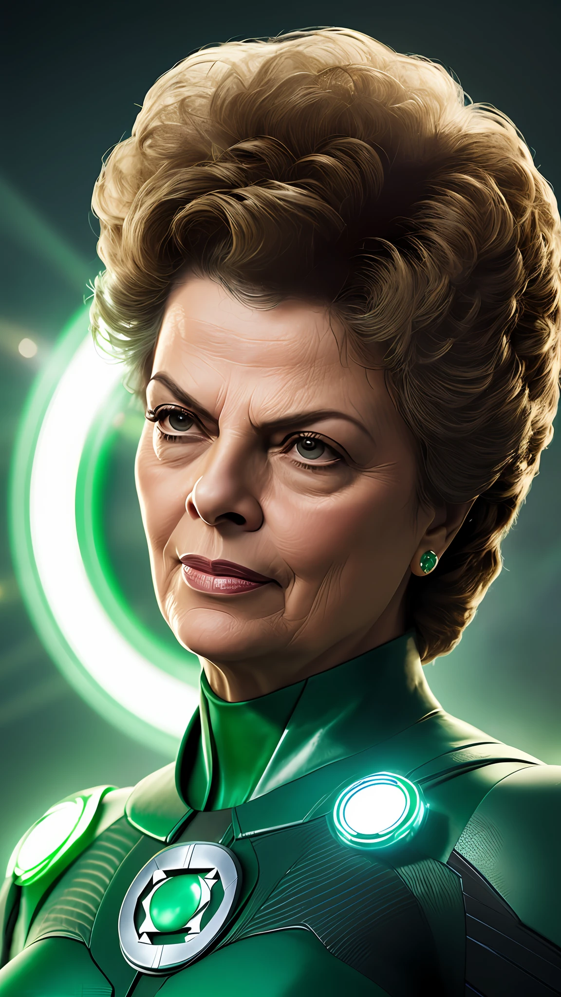 Dilma Rouseff, 50, (president of Brazil), green lantern, Marvel & DC, photography, soft lighting, Night, soft details, octane, art-station trend, ultra high detail, ultra realistic, cinematic, 8k, textured