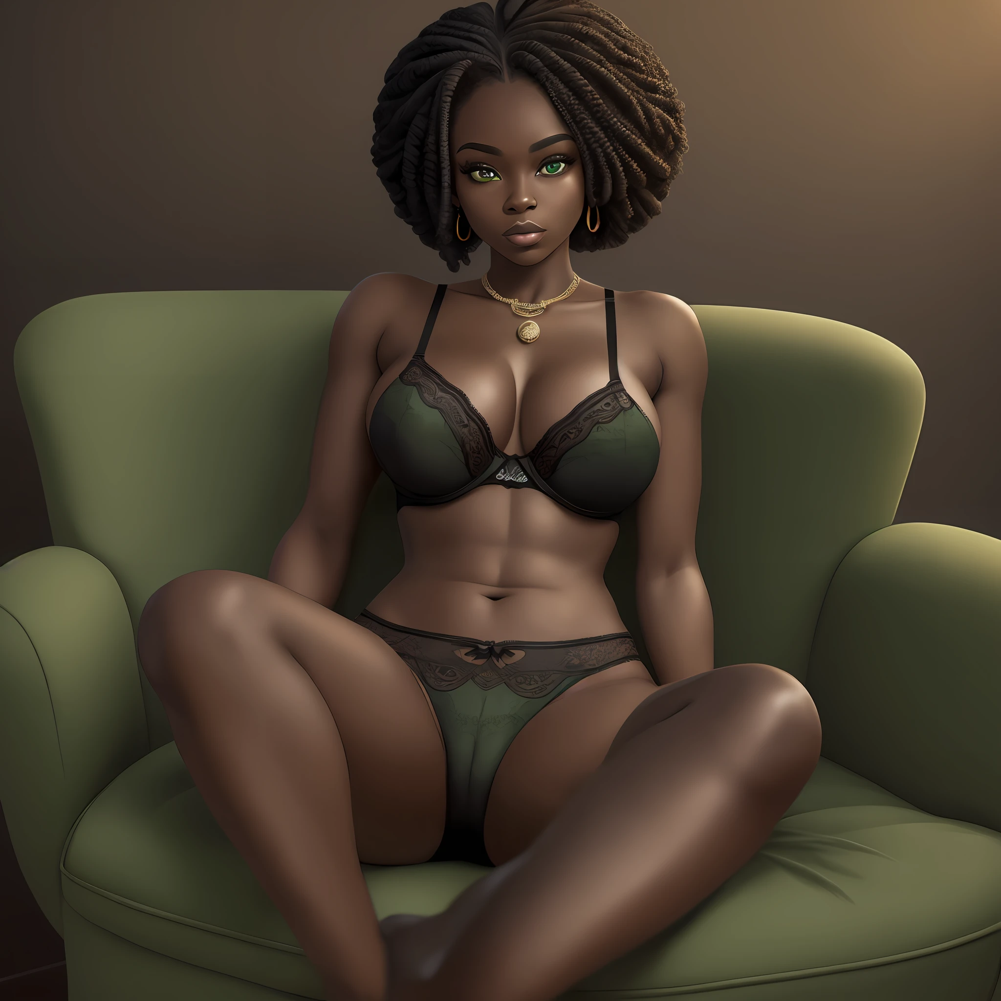 woman, black darkens hyperrealistic, in a living room, afro woman, 20 years old, big eyes, green eyes, braids in hair, no clothes, dynamic pose, best quality, sitting in chair, open leg, super sensual, big hip, big breasts, thong panties, super small bra, pajamas, defined parts --auto --s2