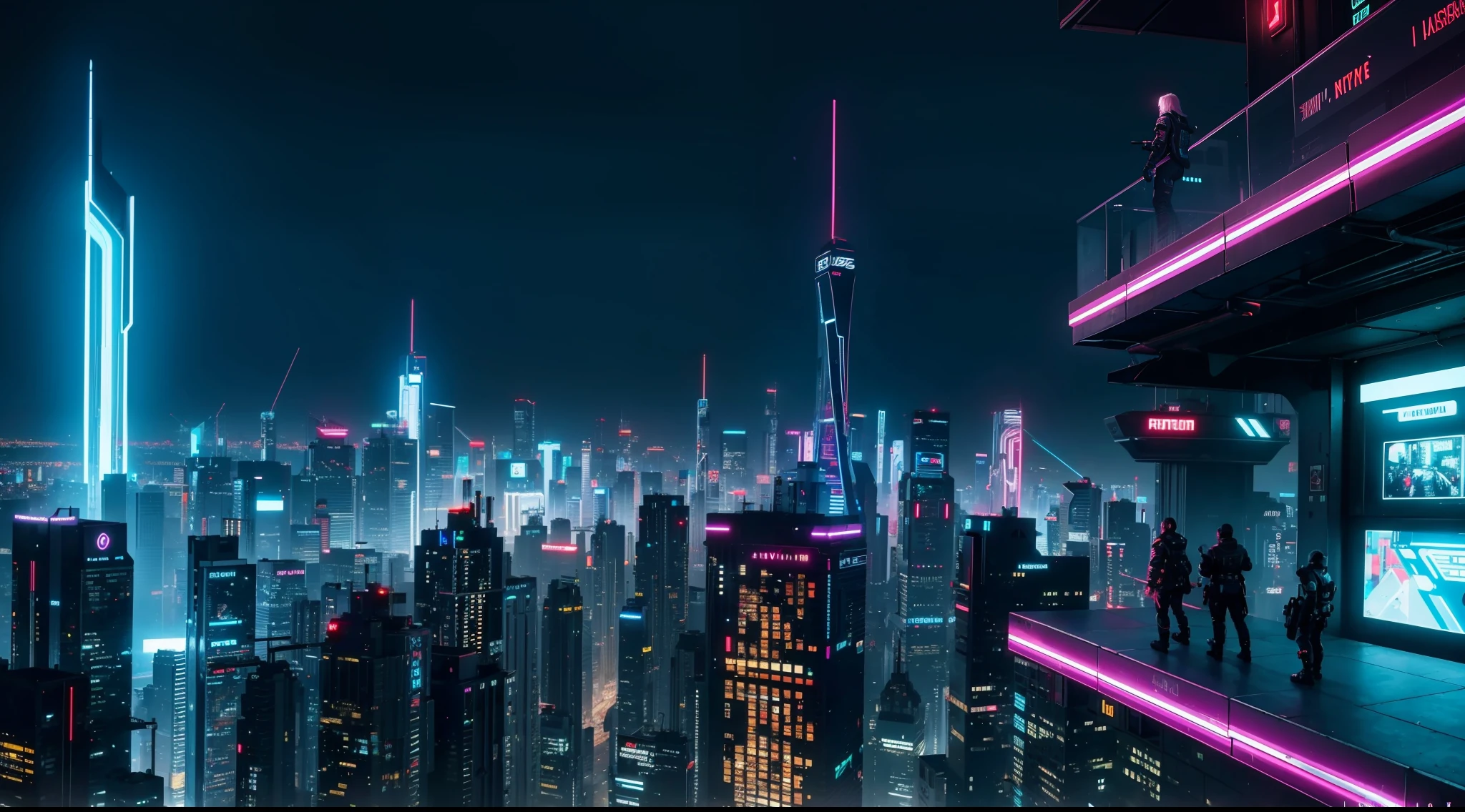 busy cyberpunk cityscape, neon, people, futuristic and innovative architecture, vibrant, photorealistic, realistic, dramatic, dark, sharp focus, 8k