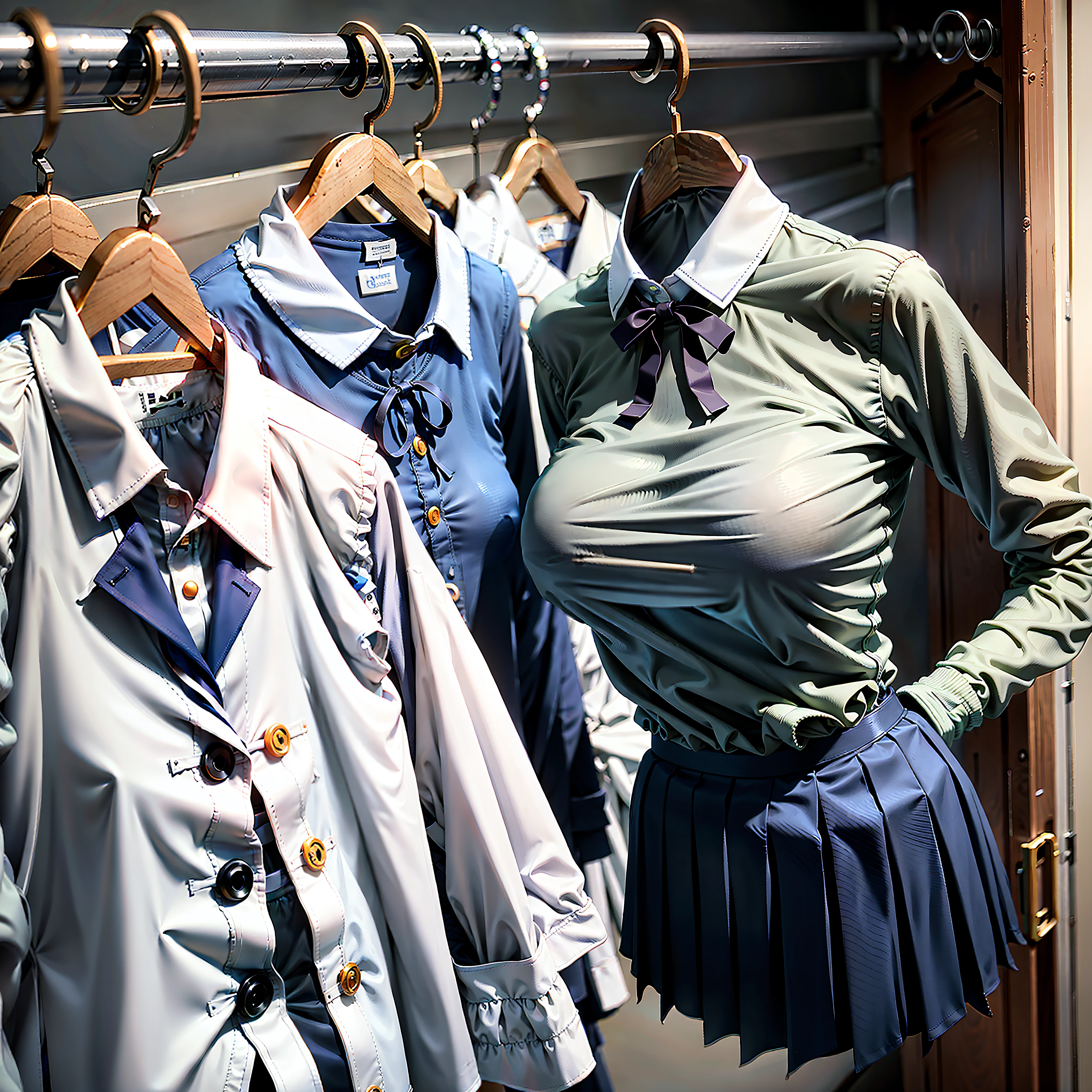 hanger school uniforms in closet raise their sleeves as if invisible girl wear it, school uniforms swells as if possessed by invisible girls, school uniforms have huge breasts, (((no humans))), (headless), faceless, invisible girls, from above, (hanger), jk ribbon on the neck, (in closet), armpits, hand on hip, (masterpiece)