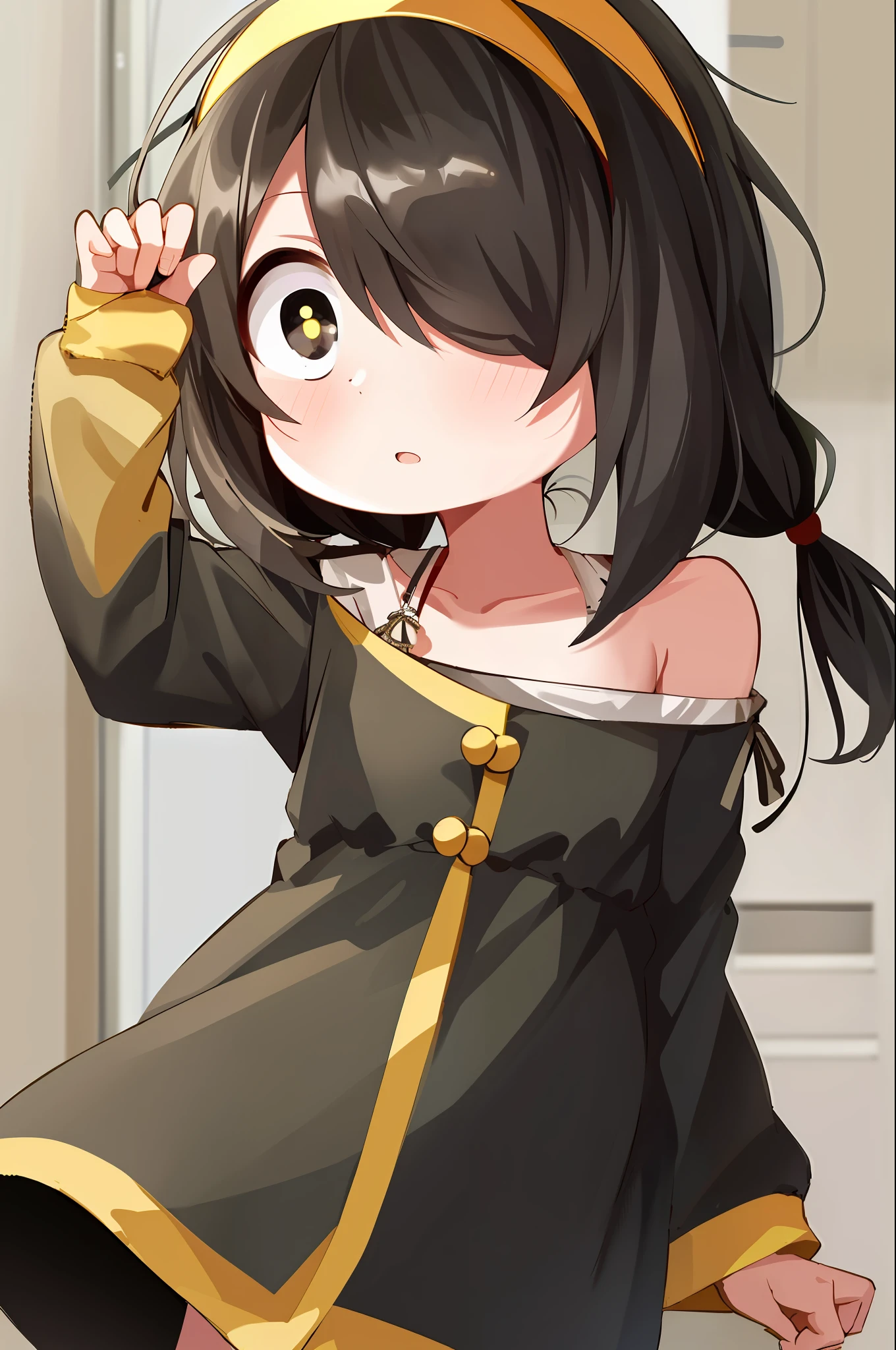 1girl, solo, nishimuraakane, bright pupils, small body, hair over one eye, white pupils, yellow hairband, black eyes,