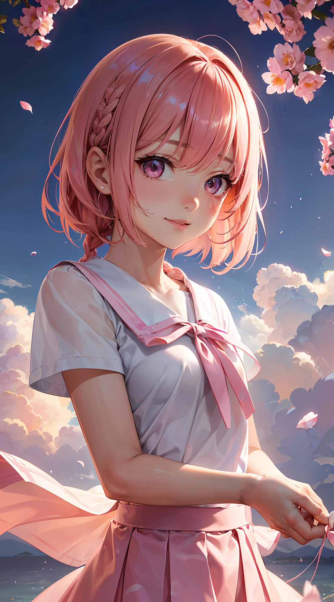 High resolution, ultra-detailed, ((((2D))), Japan person, 1 girl, 16-year-old high school girl, (((pink hair)), intricate and beautiful braided hairstyle, pink school uniform, uniform by designer, short sleeves, (bob hair), dull bangs, finely detailed eyes, golden ratio face, 8 lifents, sunlight, complex iridescent light grains, complex light reflection, beautiful petal shower, background blue sky, transparency, hidden beauty, Smile, deep description, upper body, full of energy, looking at the viewer, fantastic description, complex attraction, tenderness overflowing from the inside, neon, beautiful fine petals or dancing, skin less exposed, dynamism, carefully drawn fingers, many flowers drawn, soft skin, heart ribbon, beautiful hands,