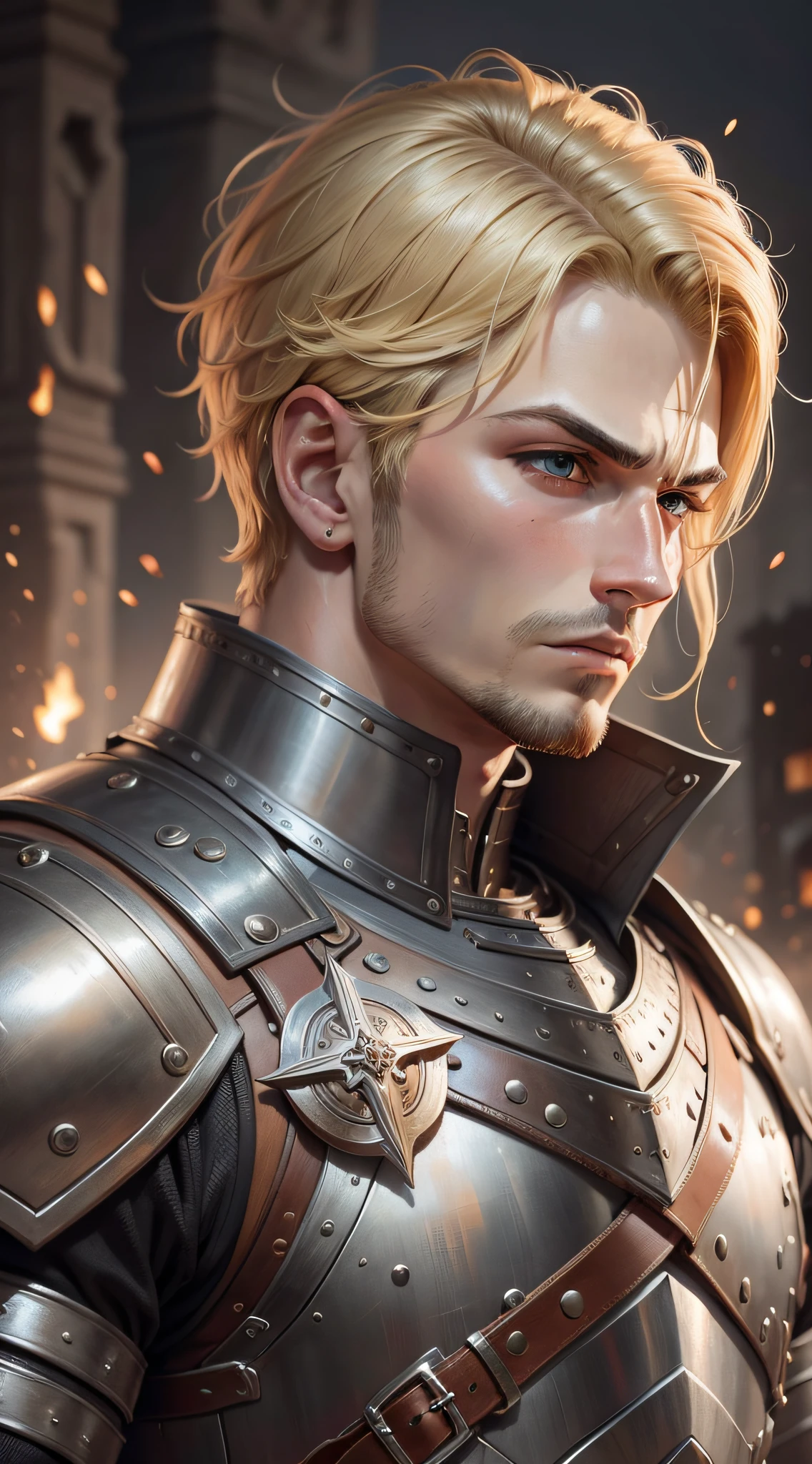Oil art of a strong warrior prince, short blonde hair, at the age of 30, in a leather armor with few metal details. Serious expression.