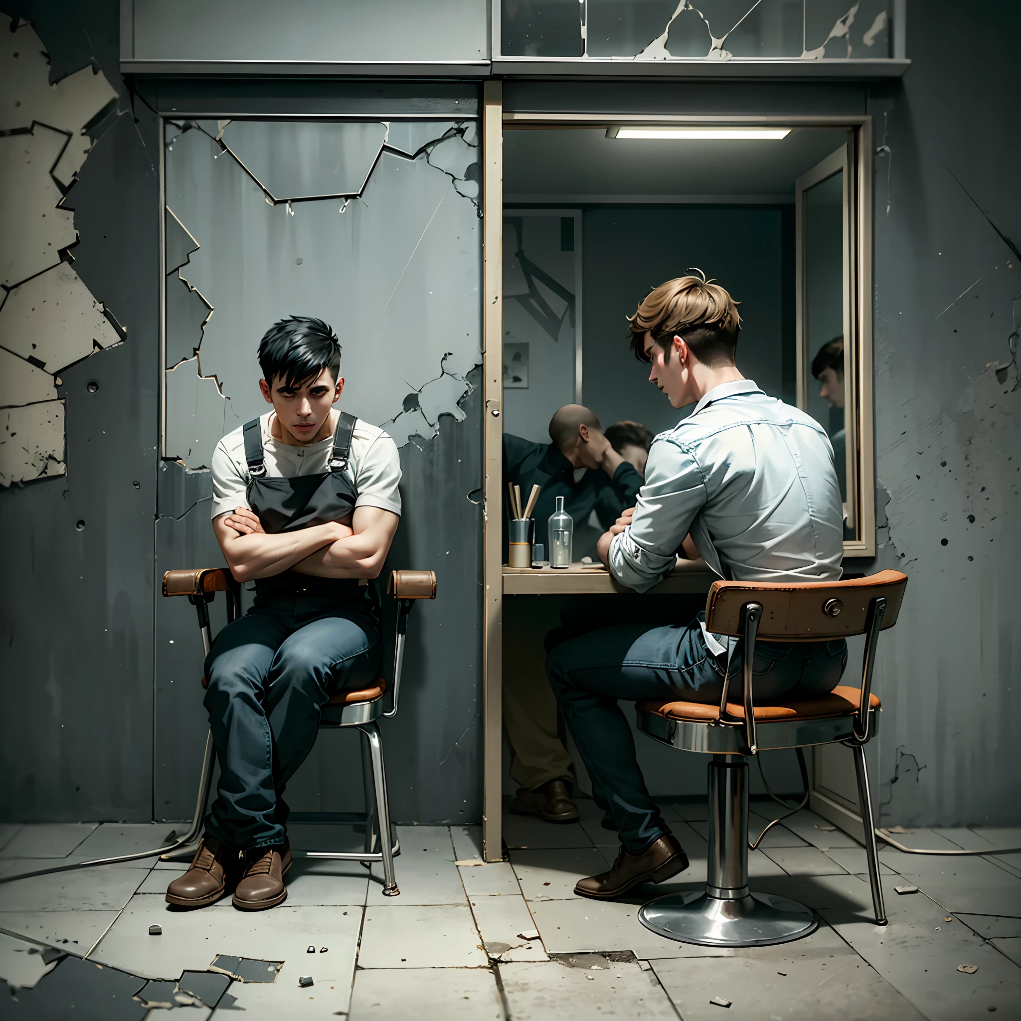 Create an image of an abandoned modern barbershop, with dark, peeling walls, broken lamps, and cracked mirrors. Two young barbers sit in empty chairs, tired and desolate expressions on their faces as they wait for customers who will never arrive. The dim light coming from outside the window casts shadows shadows all over the barbershop. --auto --s2