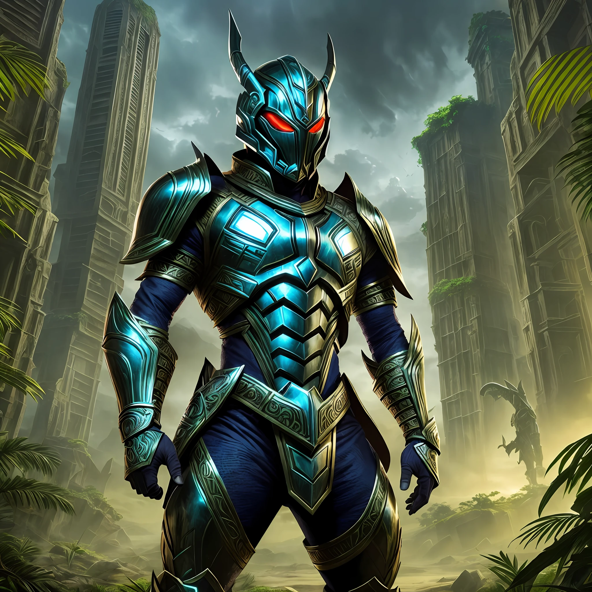 "((best quality)),((fantasy)) humanoid cobra warrior with intricate armor, intimidating stance and glowing eyes, standing in a dark and dangerous jungle, surrounded by mysterious ruins and a sense of ancient power, in (cinematic) glory. --auto --s2
