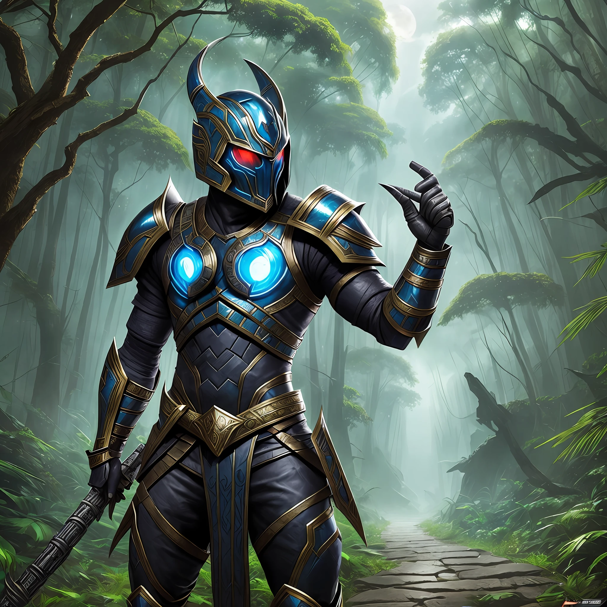 "((best quality)),((fantasy)) humanoid cobra warrior with intricate armor, intimidating stance and glowing eyes, standing in a dark and dangerous jungle, surrounded by mysterious ruins and a sense of ancient power, in (cinematic) glory. --auto --s2