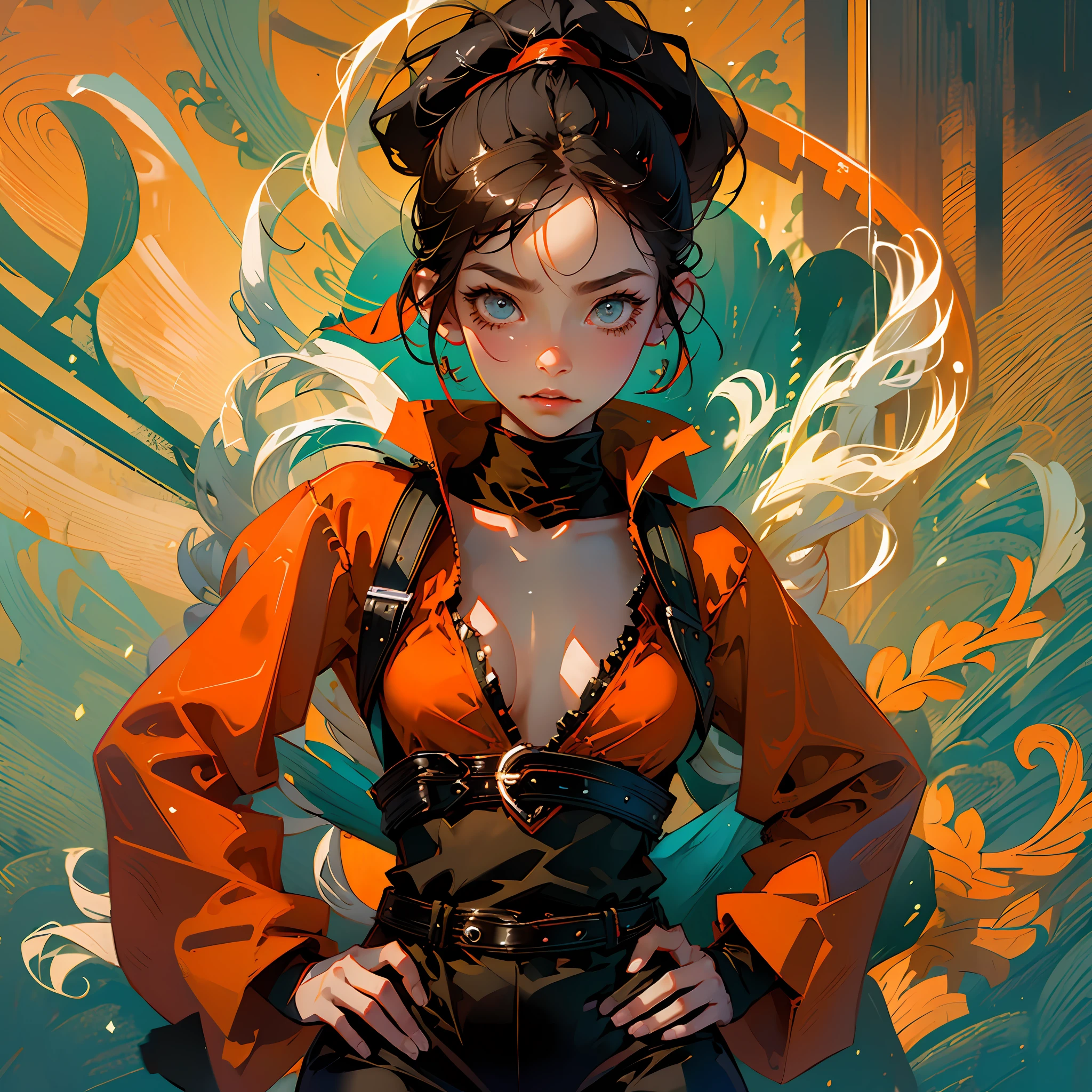 (masterpiece, best quality:1.2), cowboy shot, solo, 1girl, shihouin yoruichi,flat chest, camel toy, grin, looking at viewer, hands on hips, ponytail, orange shirt, long sleeves, black pants --auto --s2