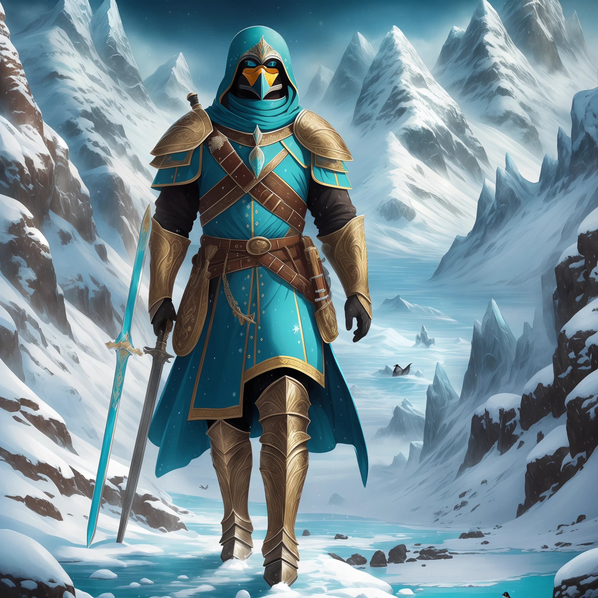 ((masterpiece)), best quality, ultra-detailed, exceptional illustration of a powerful humanoid penguin wearing epic and medieval armor, equipped with medieval weapons, walking through extraordinary landscapes in the midst of snowstorms and majestic mountains under a dazzling turquoise sky. --auto --s2