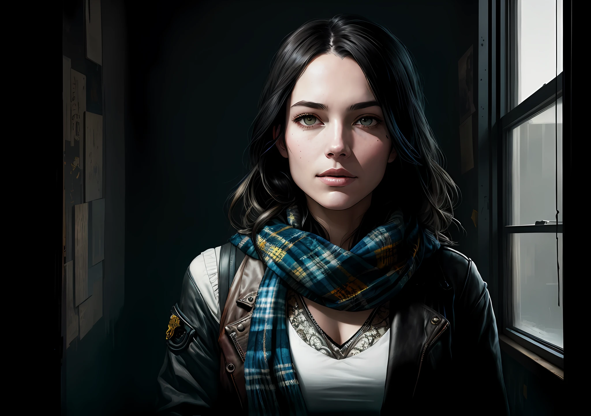 Angelina, dark photo: with the body covered, sitting in an old window, realistic epic, portrait of halo, blue eyes, plaid scarf, white hair of Atey Ghailan, by Greg Rutkowski, by Greg Tocchini, by James Gilleard, by Joe Fenton, by Kaethe Butcher, yellow gradient, black, brown and magenta color scheme, grunge aesthetic!!! Graffiti brand wall background, art by Greg Rutkowski and Artgerm, soft cinematic light, Adobe Lightroom, Photo Lab, HDR, intricate, highly detailed, (depth of field: 1.4), faded, (neutral colors: 1.2), (HDR: 1.4), (soft colors:1.2), hyperdetailed, (Artstation:1.4), cinematic, warm lights, dramatic light, (intricate details:1.1), complex background, (Rutkowski:0.66), (blue and orange:0.4)