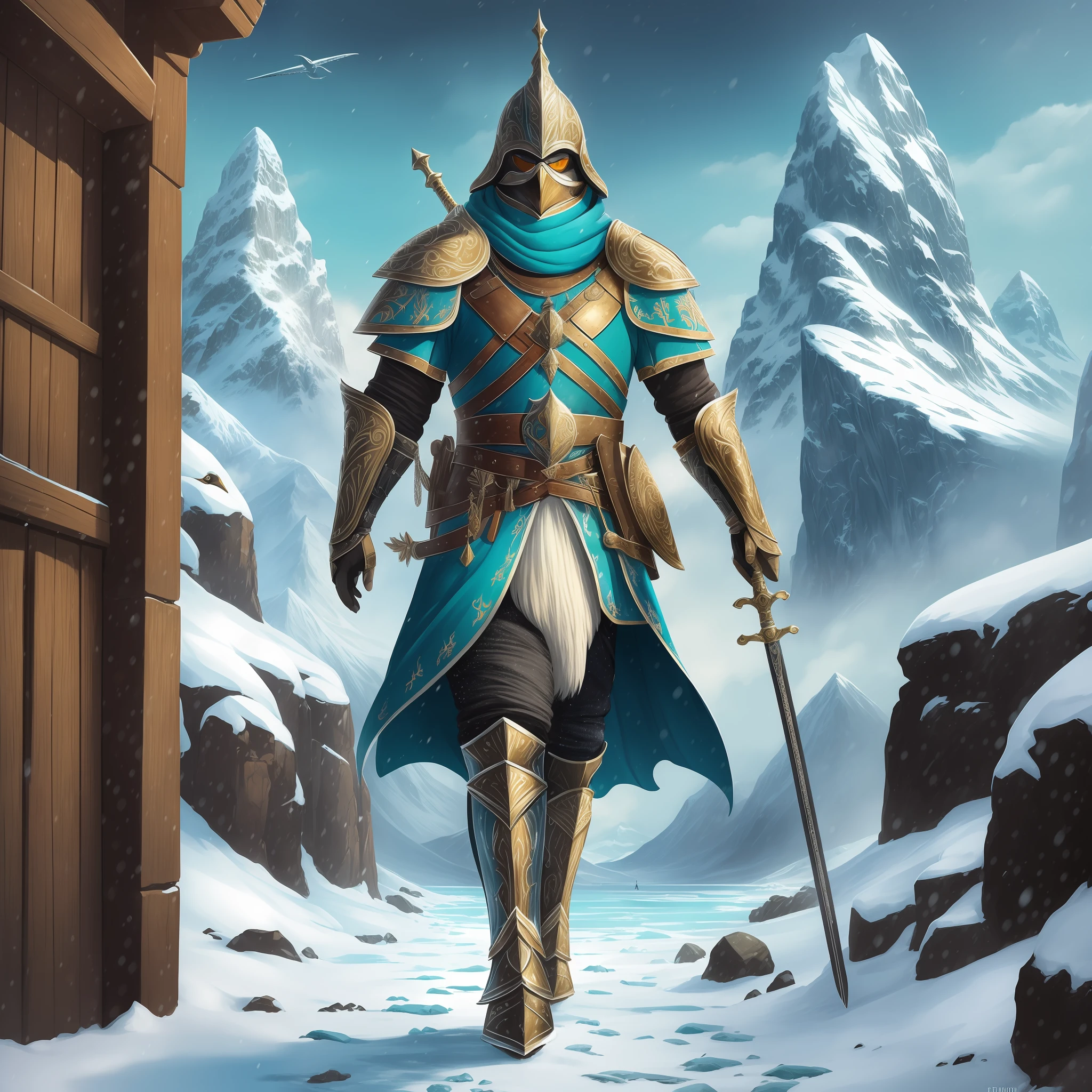 ((masterpiece)), best quality, ultra-detailed, exceptional illustration of a powerful humanoid penguin wearing epic and medieval armor, equipped with medieval weapons, walking through extraordinary landscapes in the midst of snowstorms and majestic mountains under a dazzling turquoise sky. --auto --s2