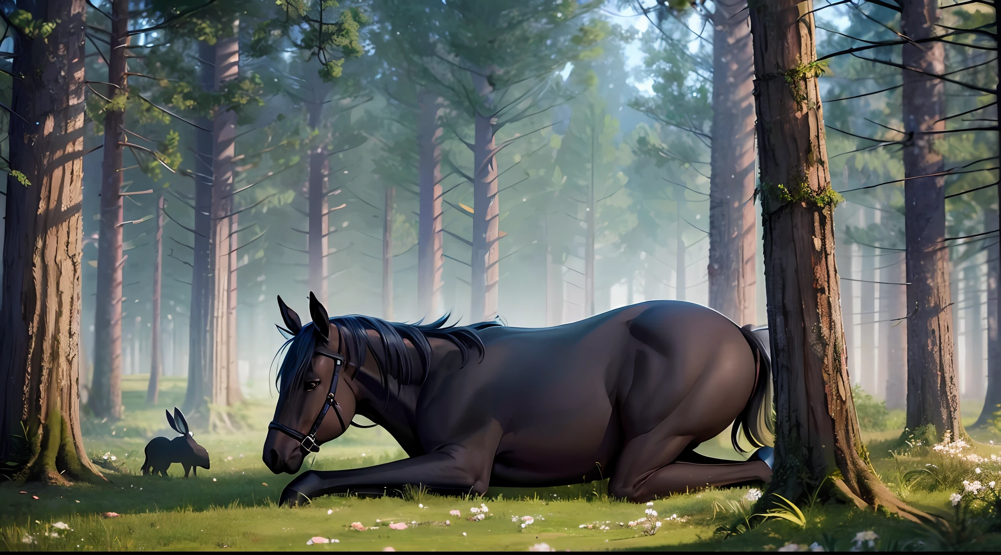 a rabbit sleeping next to a black horse in a woods, Minimalism, bright light, cinematic lighting, UHD, anatomically correct, super detail, high detail, high quality, best quality, 8k, 8k