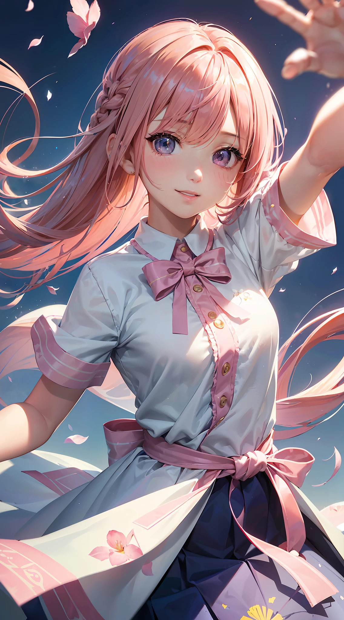 High resolution, ultra-detailed, ((((2D))), Japan person, 1 girl, 16-year-old high school girl, (((pink hair)), intricate and beautiful braided hairstyle, pink school uniform, uniform by designer, short sleeves, (bob hair), dull bangs, finely detailed eyes, golden ratio face, 8 lifents, sunlight, complex iridescent light grains, complex light reflection, beautiful petal shower, background blue sky, transparency, hidden beauty, Smile, deep description, upper body, full of energy, looking at the viewer, fantastic description, complex attraction, tenderness overflowing from the inside, neon, beautiful fine petals or dancing, skin less exposed, dynamism, carefully drawn fingers, many flowers drawn, soft skin, heart ribbon, beautiful hands,