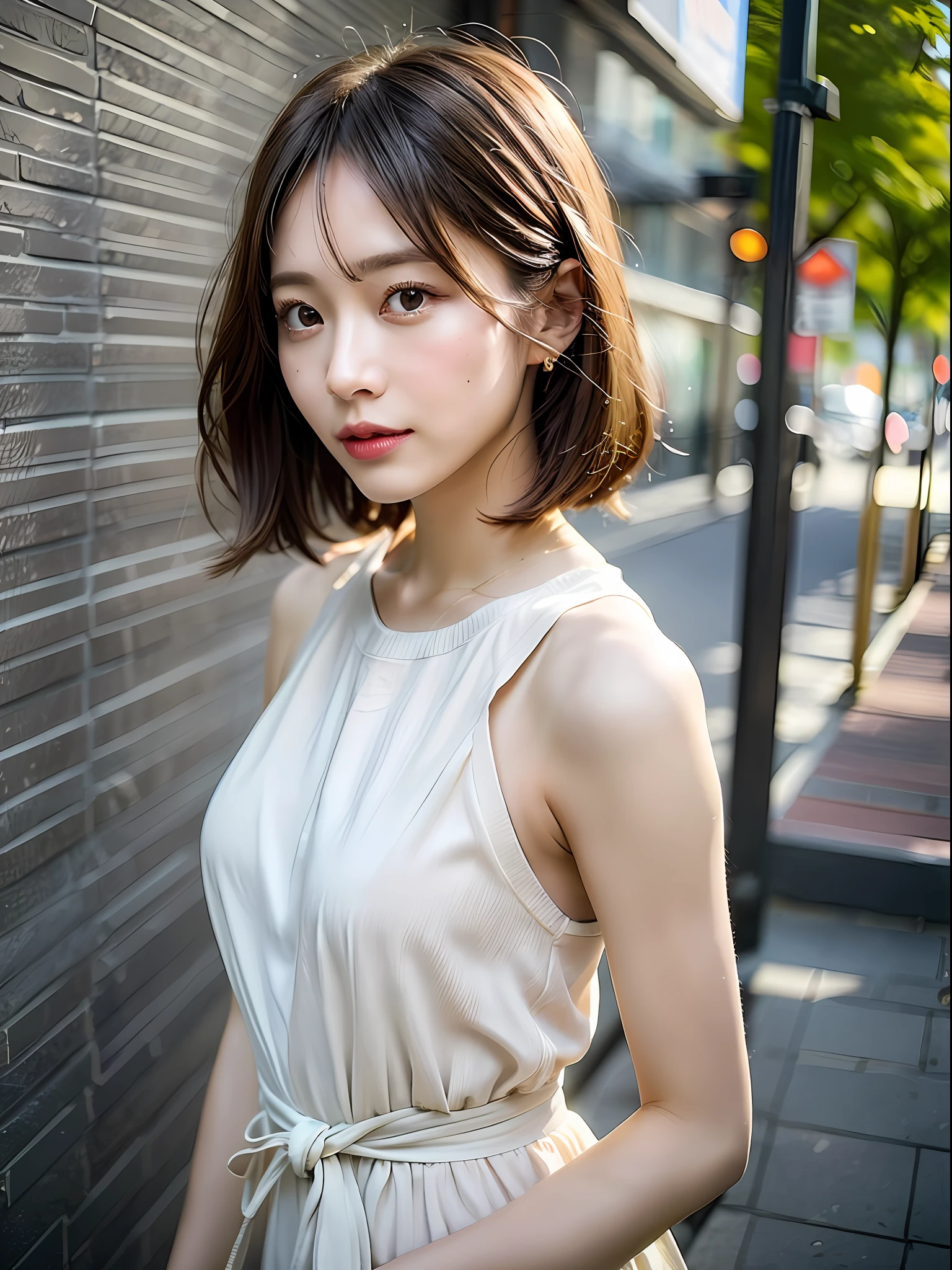 In this project, the studio is inspired by the streets of London, and is intended to be shot in bright light from summer morning to daytime. Create highly elaborate CG Unity 8K wallpapers modeled after a beautiful-looking 30-something actress with a realistic, lifelike and ultra-detailed finish with a hairstyle and fashion style that matches the trends of 2023. The model is slender, cute, and mature. Her distinctive feature is a straight bob style that matches the trends of 2023, and she has a slightly brighter and softer trendy milk tea beige hair color. Shooting takes place in bright summer light, so be sure to shoot so that you can feel the refreshing summer atmosphere. The skin quality of the model is delicate, and you should pay attention to the fine details and softness of the hair. The studio set should be inspired by the London skyline, reflecting urban elements while also creating a summer atmosphere. Camera angles should be from the waist up. The model's hair color is rather light and soft milk tea beige, and the skin tone is a natural beige tone. Makeup should focus on bright lips and eye-catching mascara, and have a natural and light styling. Match the trends of 2023 and opt for dresses and urban fashion items in sophisticated styles with light colors that incorporate the summer atmosphere. The final image should be shot in a studio reminiscent of the London skyline in bright summer light, and try to convey a refreshing and summery atmosphere.