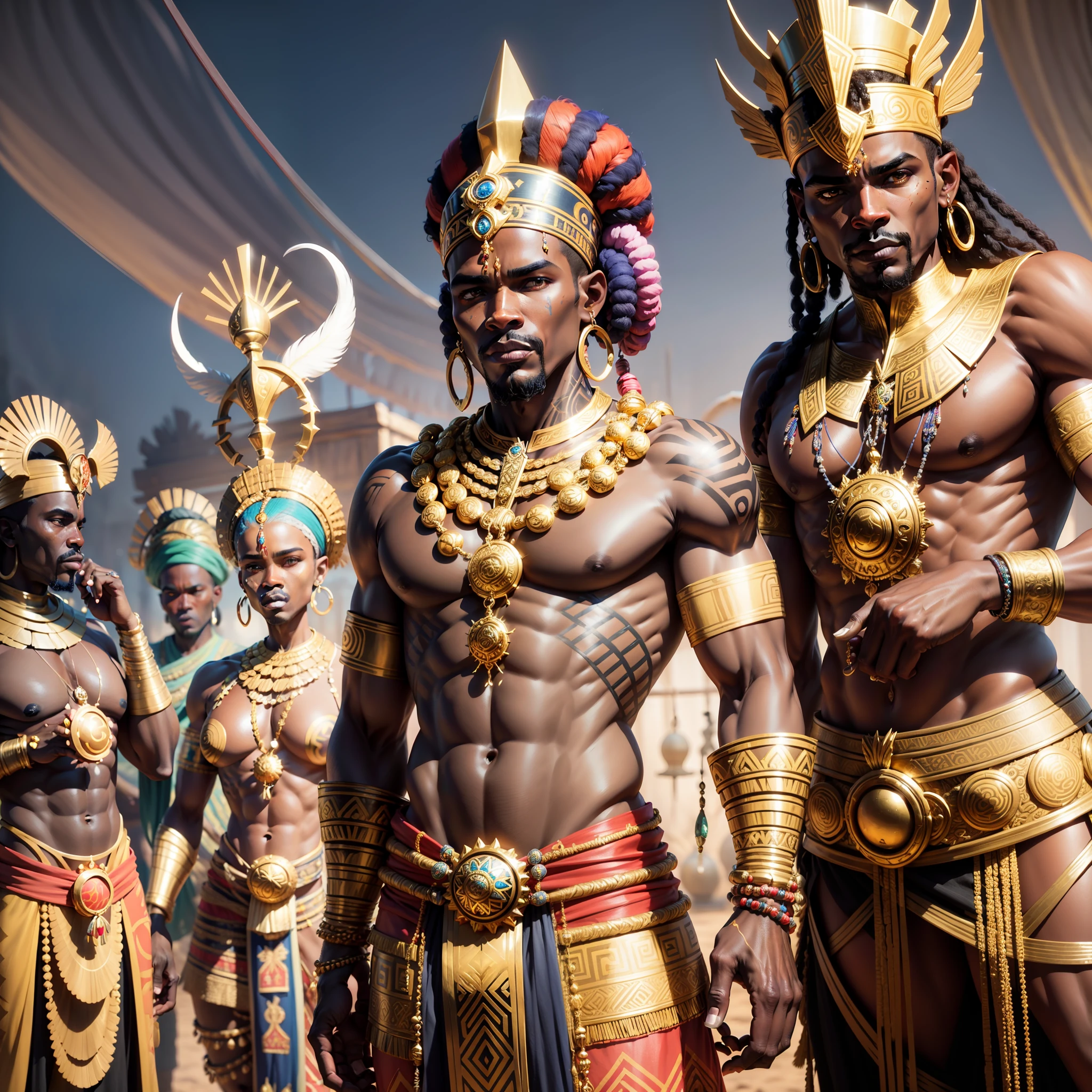 African orishas, Oxala, ornate with gold, UHD, Energy around character, male, male, ultra detailed, all ornaments, set in africa, 3D --auto --s2