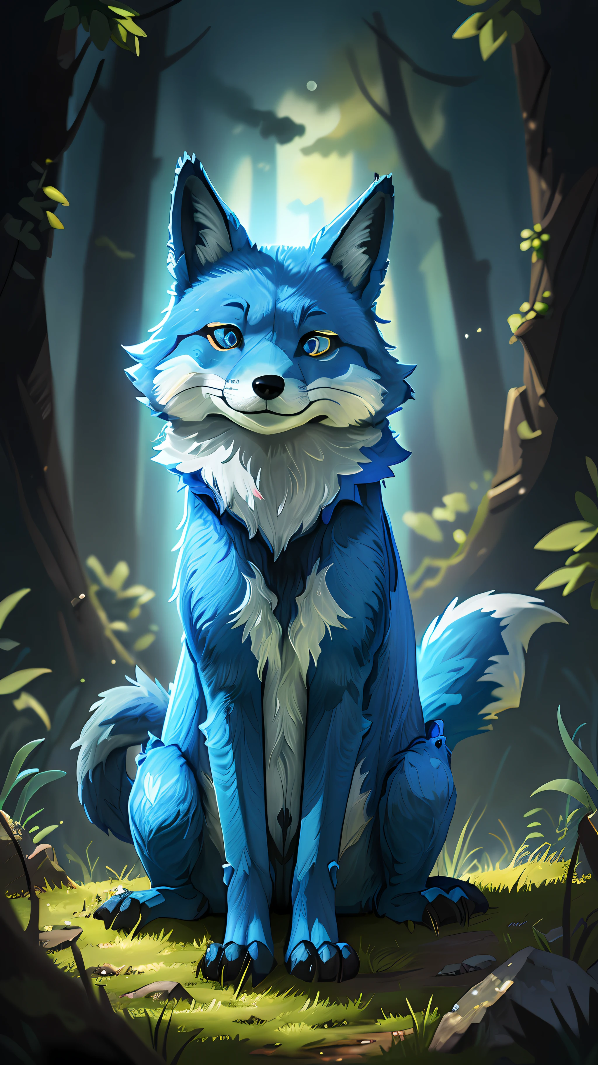 Bright blue fox((top quality HDR, 8K, high image quality)).