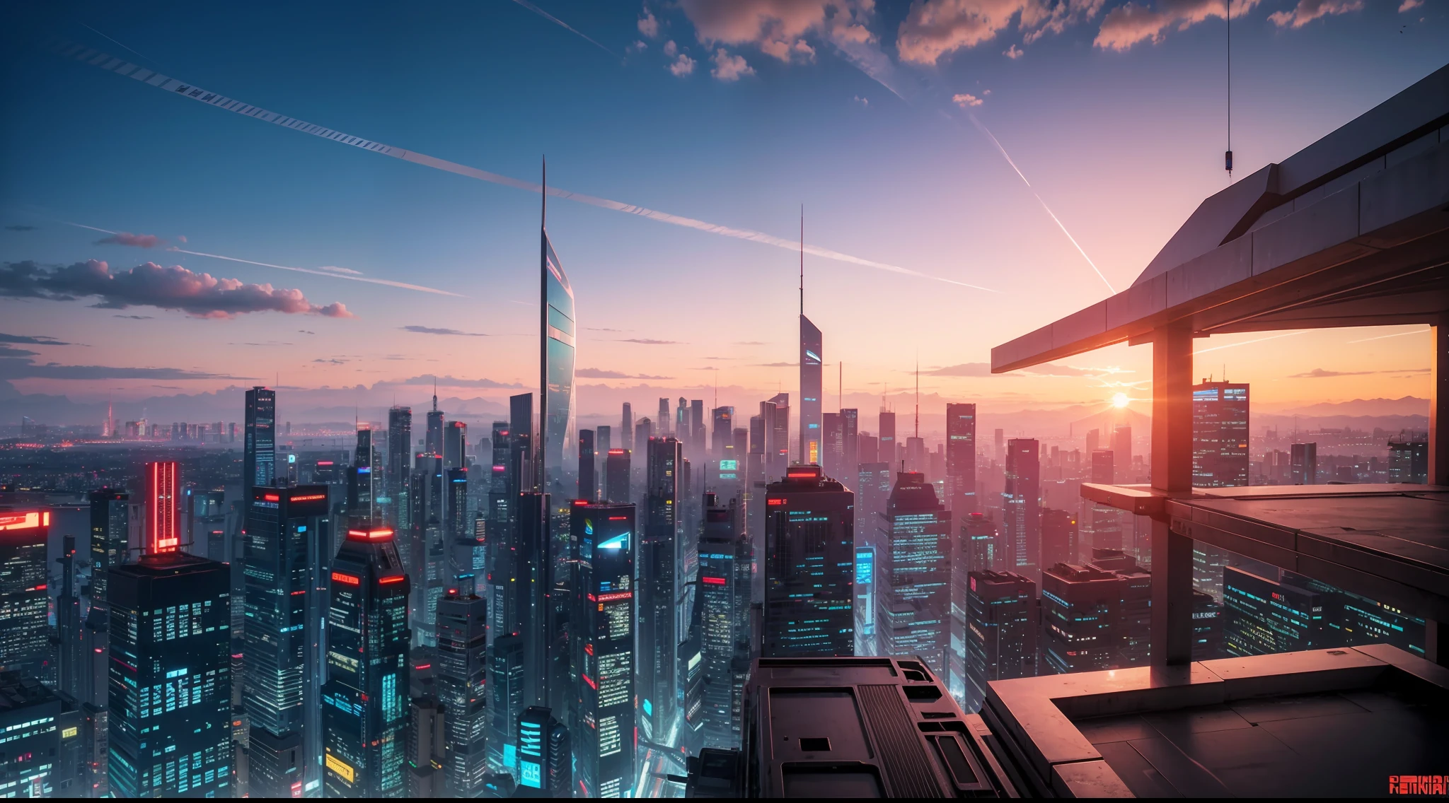 panoramic view of cyberpunk city at sunset, vibrant, photorealistic, realistic, dramatic, cinematic lighting, sharp focus, 8k