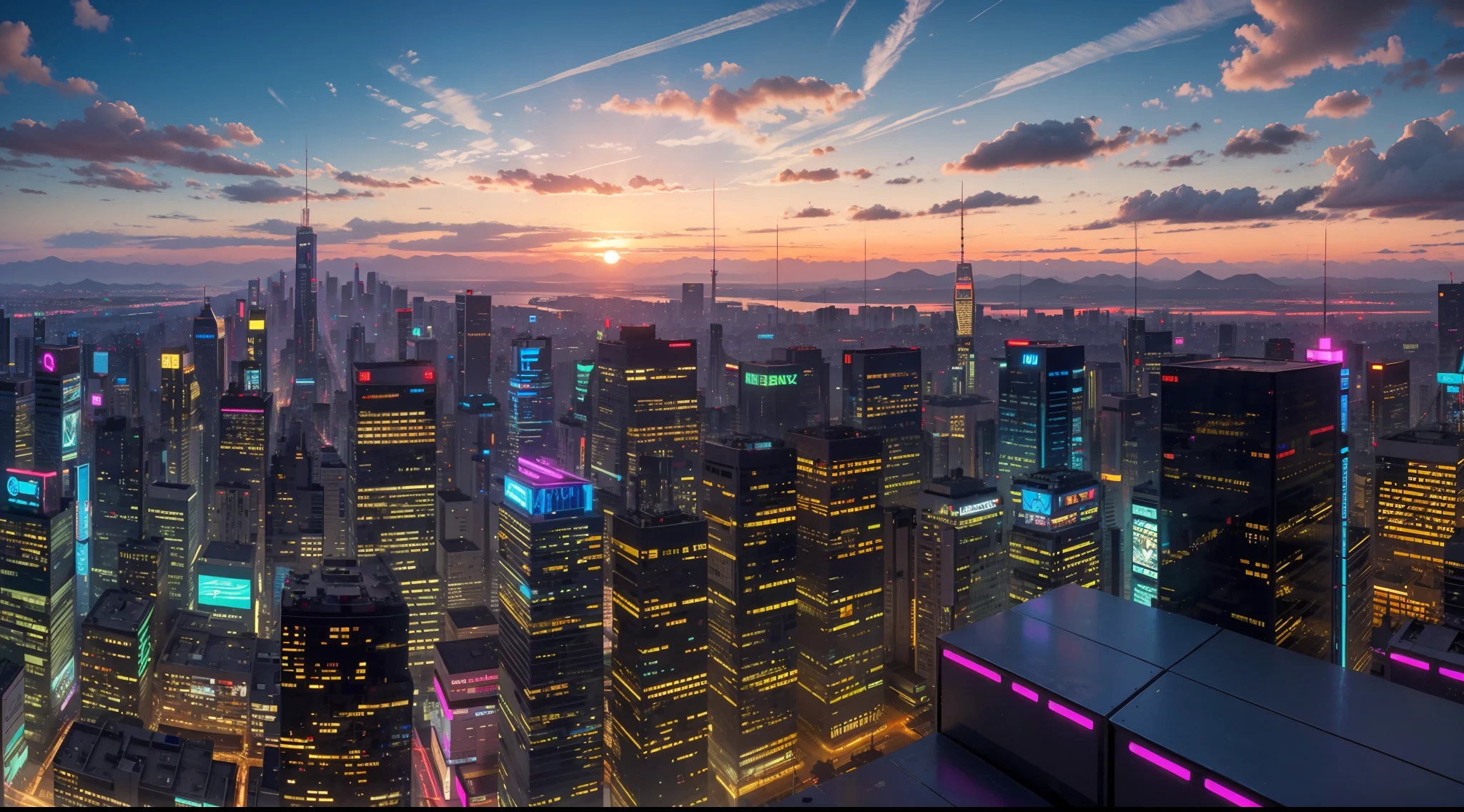 panoramic view of cyberpunk city at sunset, vibrant, photorealistic, realistic, dramatic, cinematic lighting, sharp focus, 8k