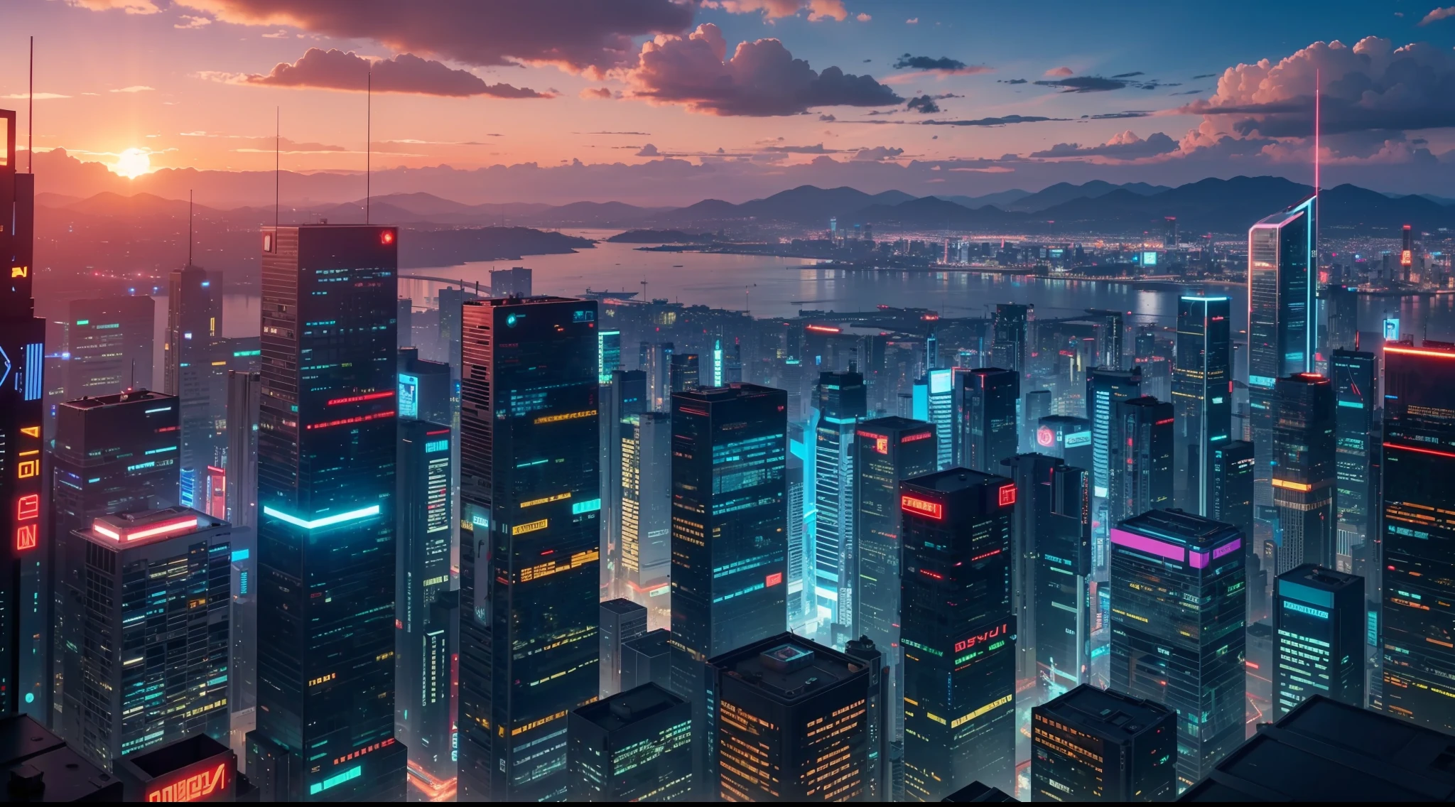 panoramic view of cyberpunk city at sunset, vibrant, photorealistic, realistic, dramatic, cinematic lighting, sharp focus, 8k