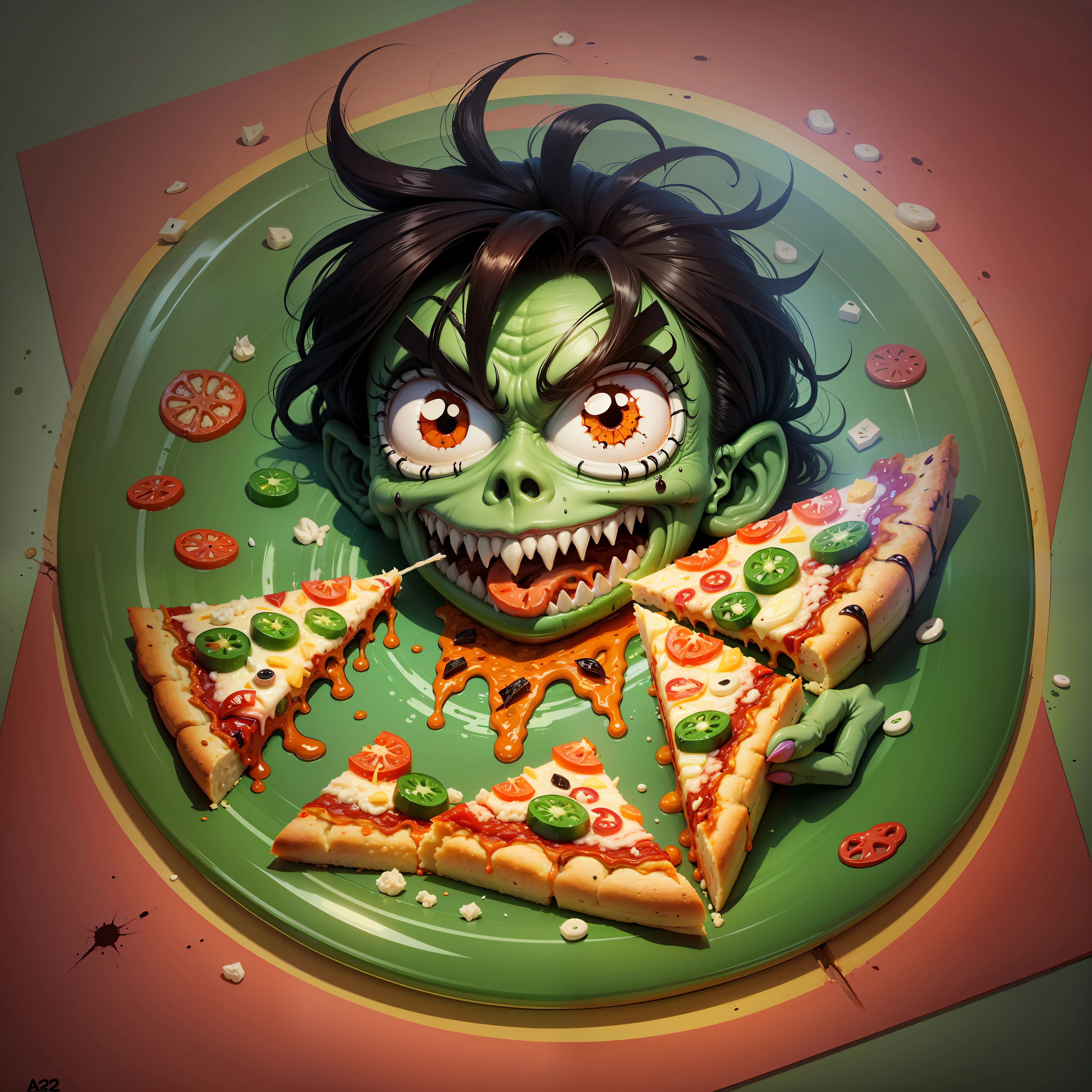 A slice of zombie pizza in cartoon style --auto --s2